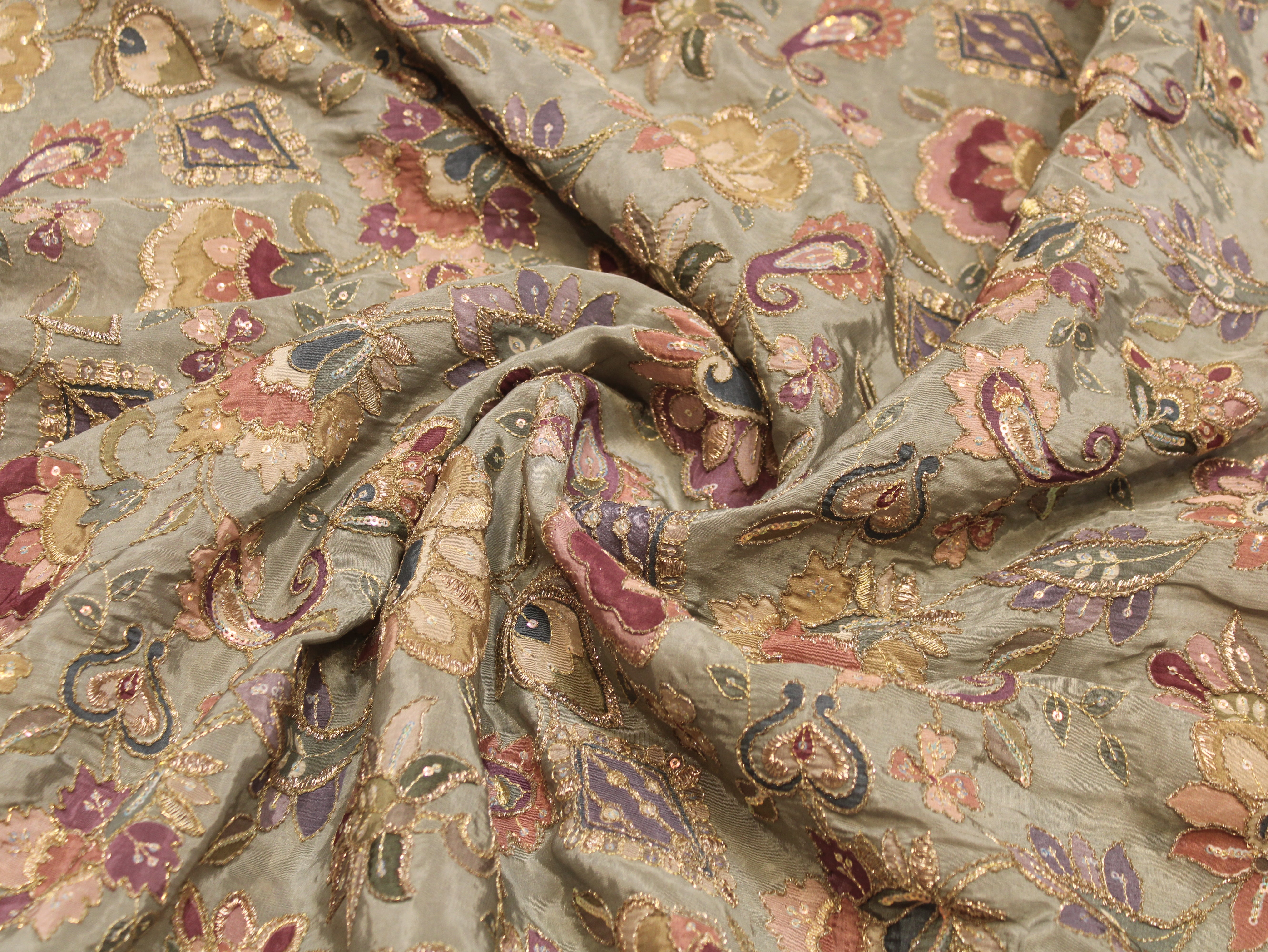 Natural Crepe Position & Cording Work Fabric — Sage Green | Gold Zari | 44 Inch