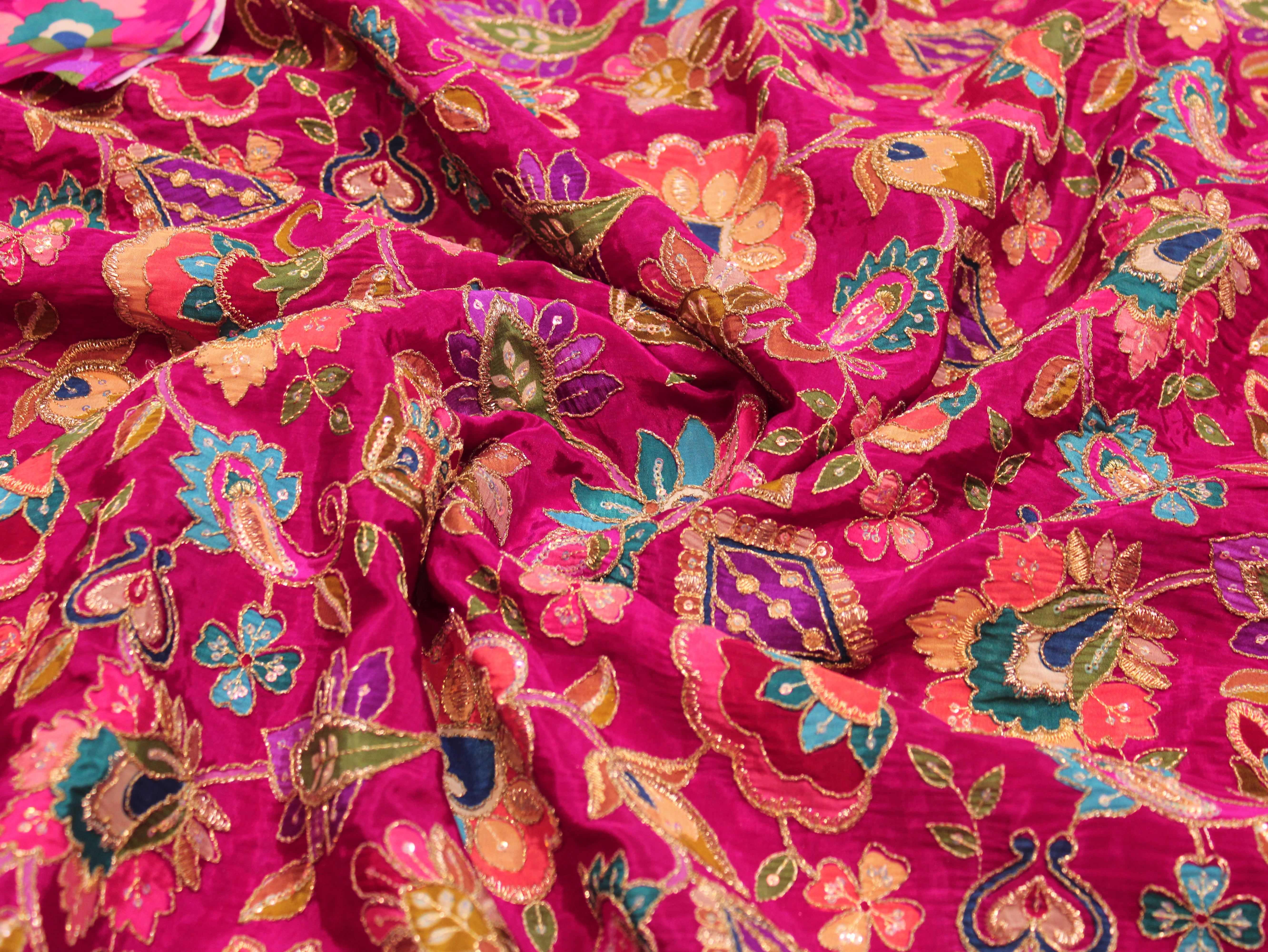 Natural Crepe Position & Cording Work Fabric — Rani | Gold Zari | 44 Inch