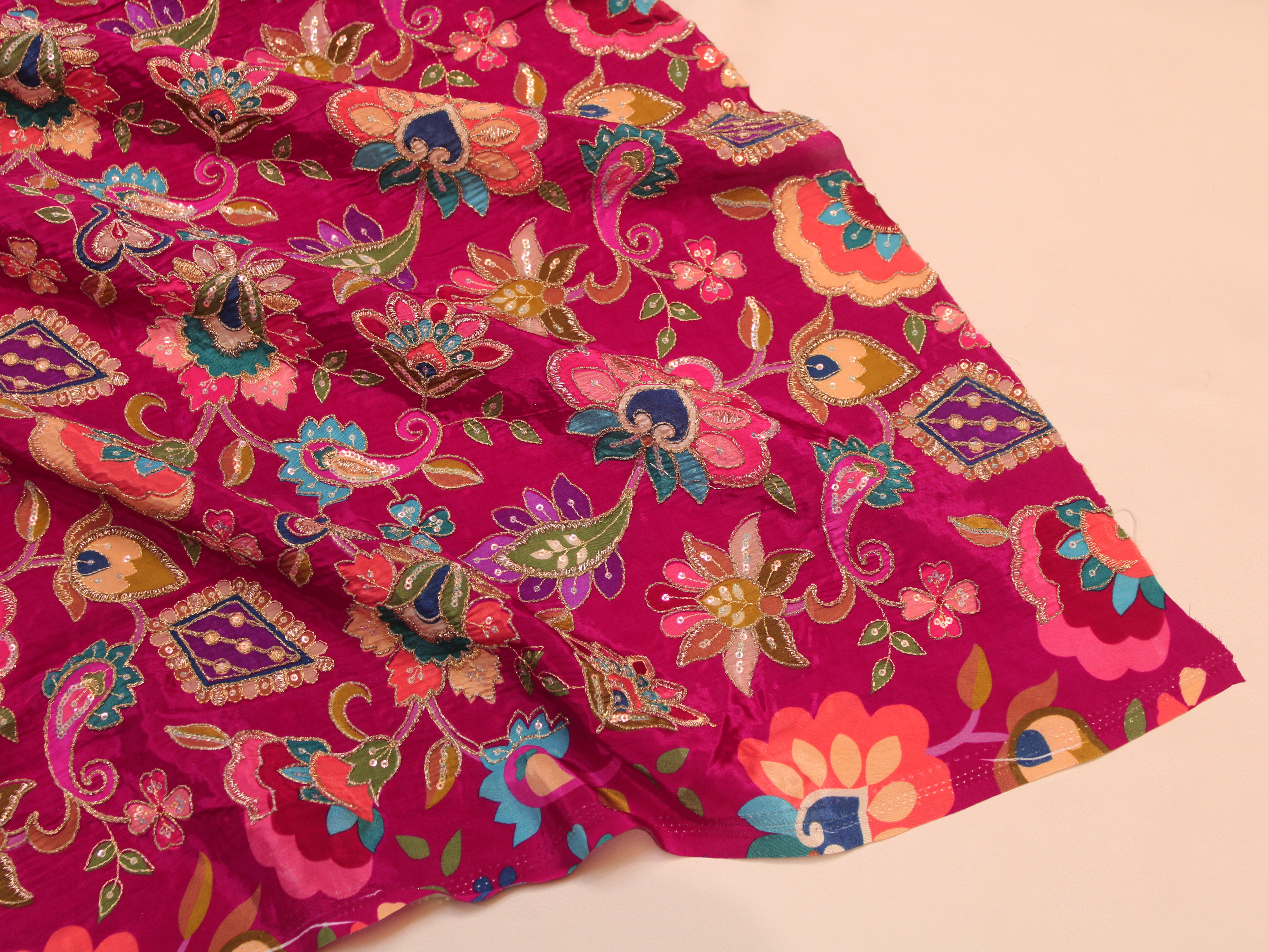 Natural Crepe Position & Cording Work Fabric — Rani | Gold Zari | 44 Inch