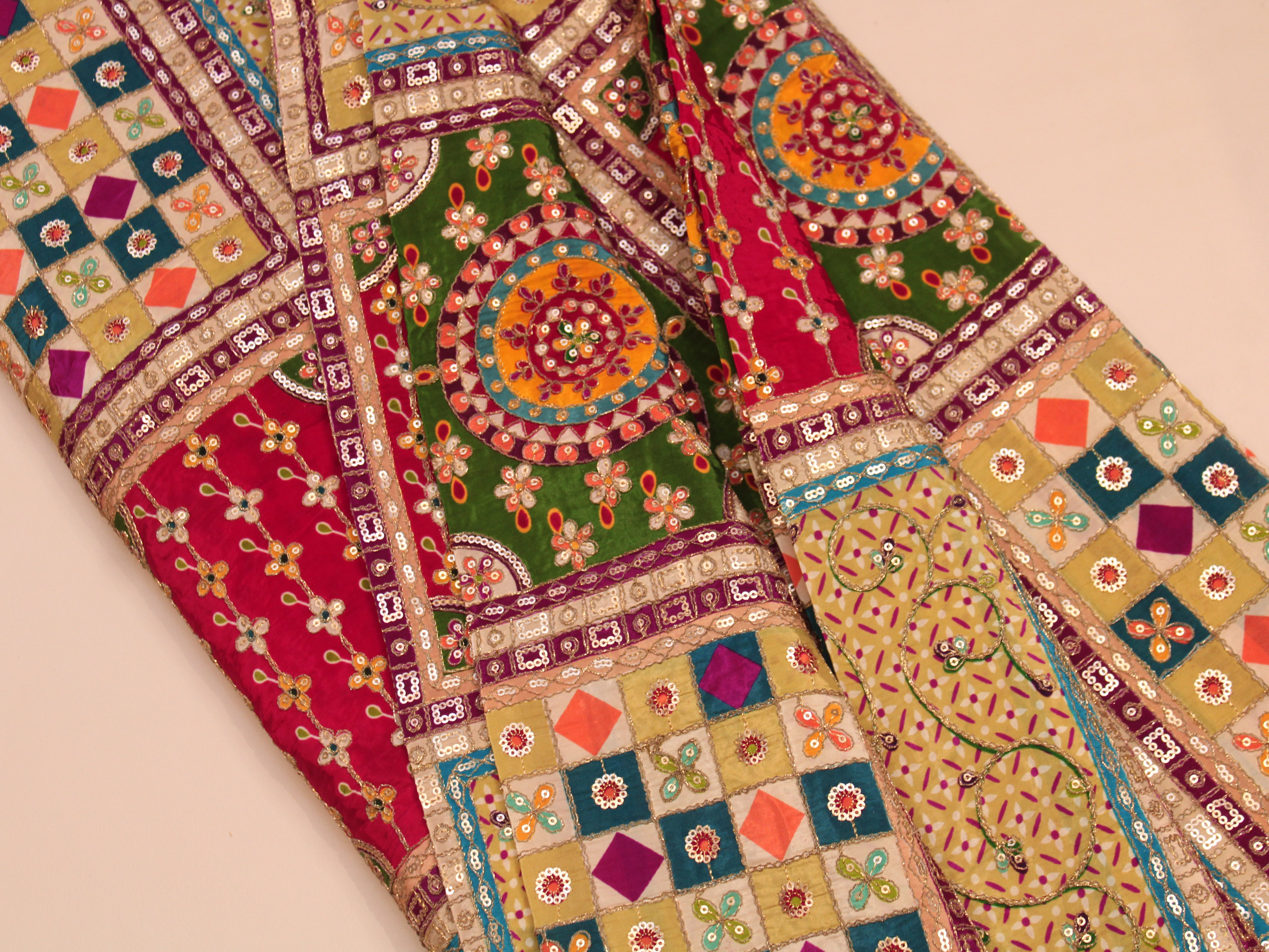 Natural Crepe Heavy Position Print Fabric With Cording & Sequin Work | Patchwork Design