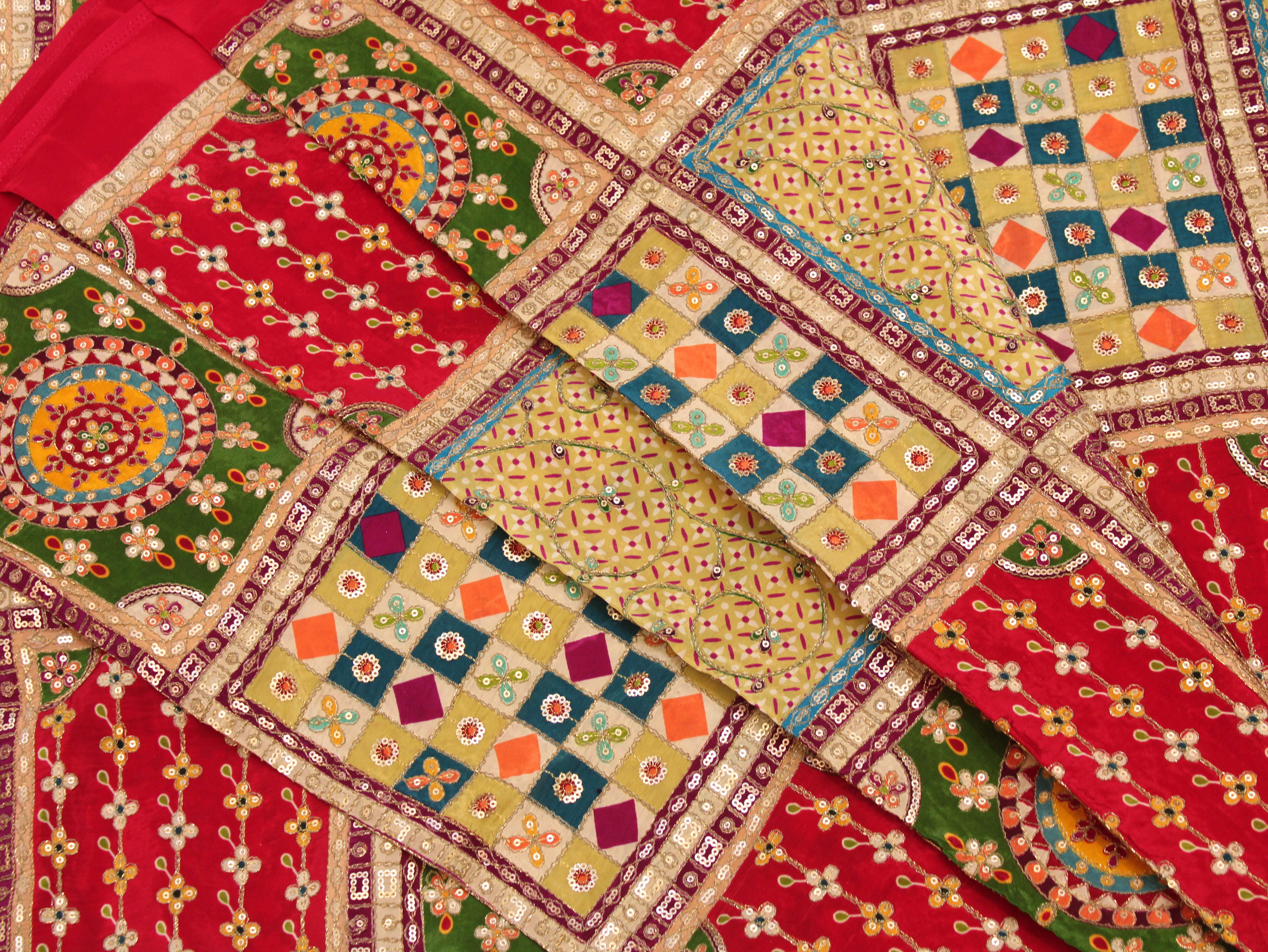 Natural Crepe Heavy Position Print Fabric With Cording & Sequin Work | Patchwork Design