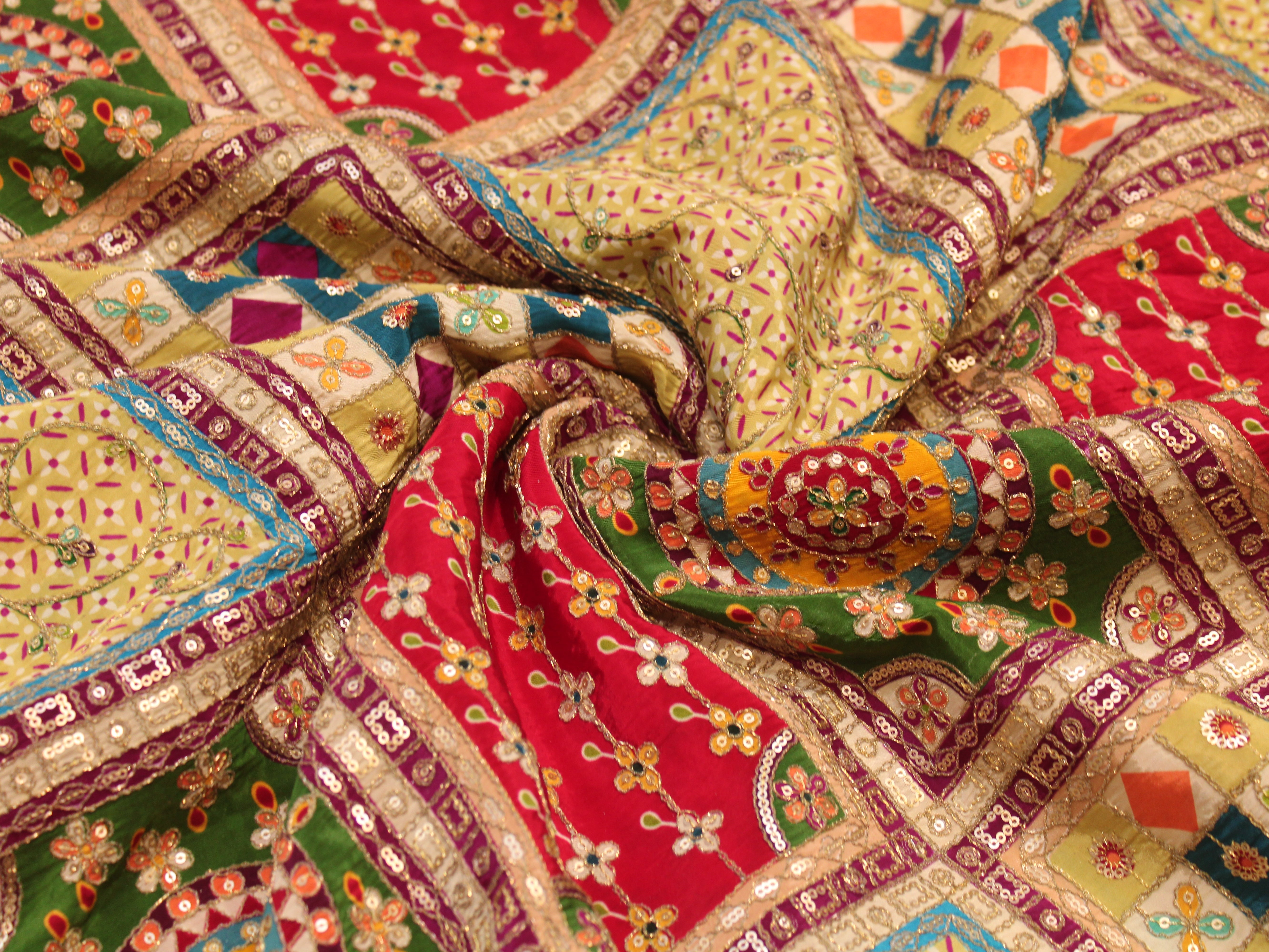 Natural Crepe Heavy Position Print Fabric With Cording & Sequin Work | Patchwork Design