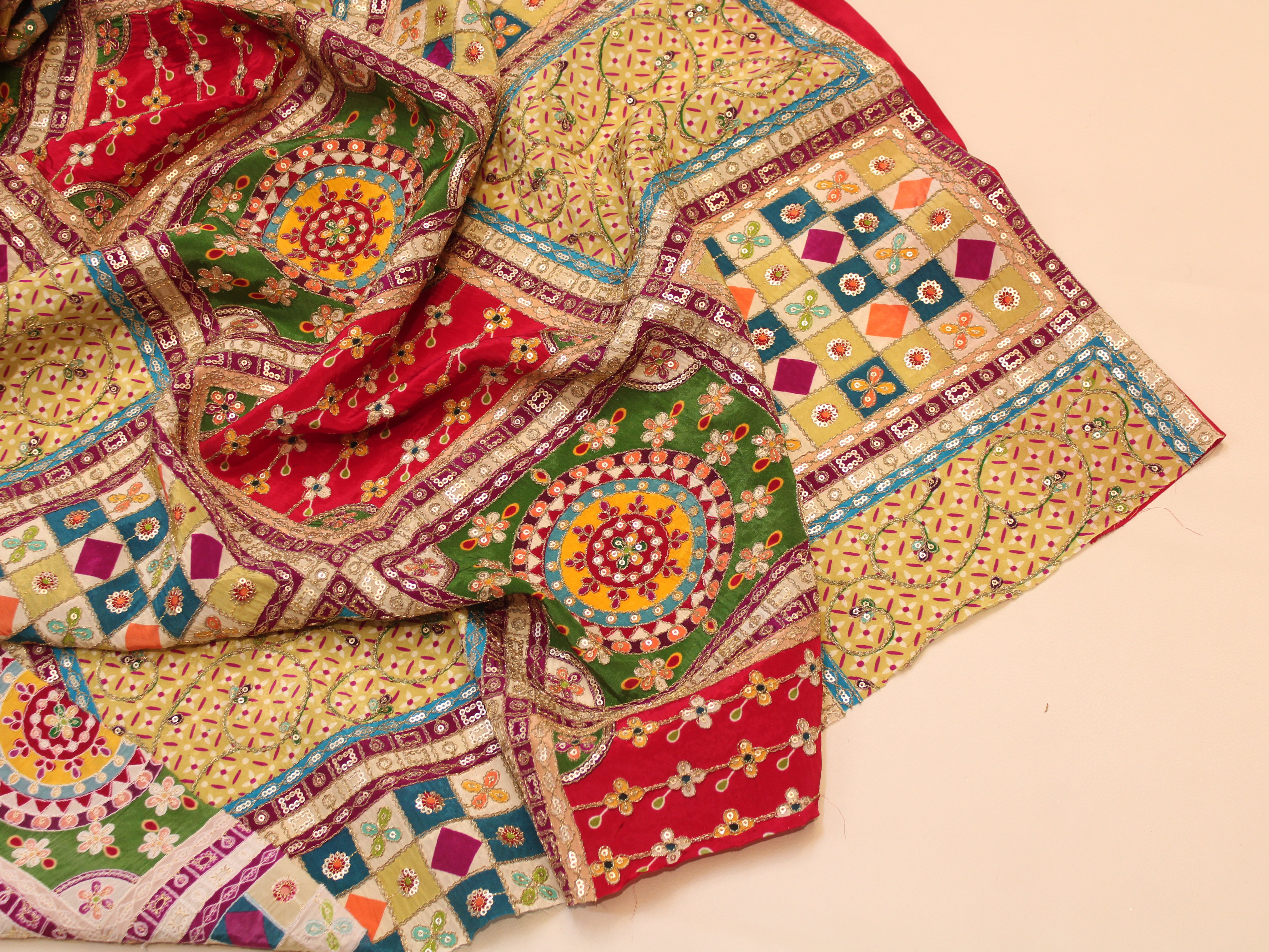 Natural Crepe Heavy Position Print Fabric With Cording & Sequin Work | Patchwork Design