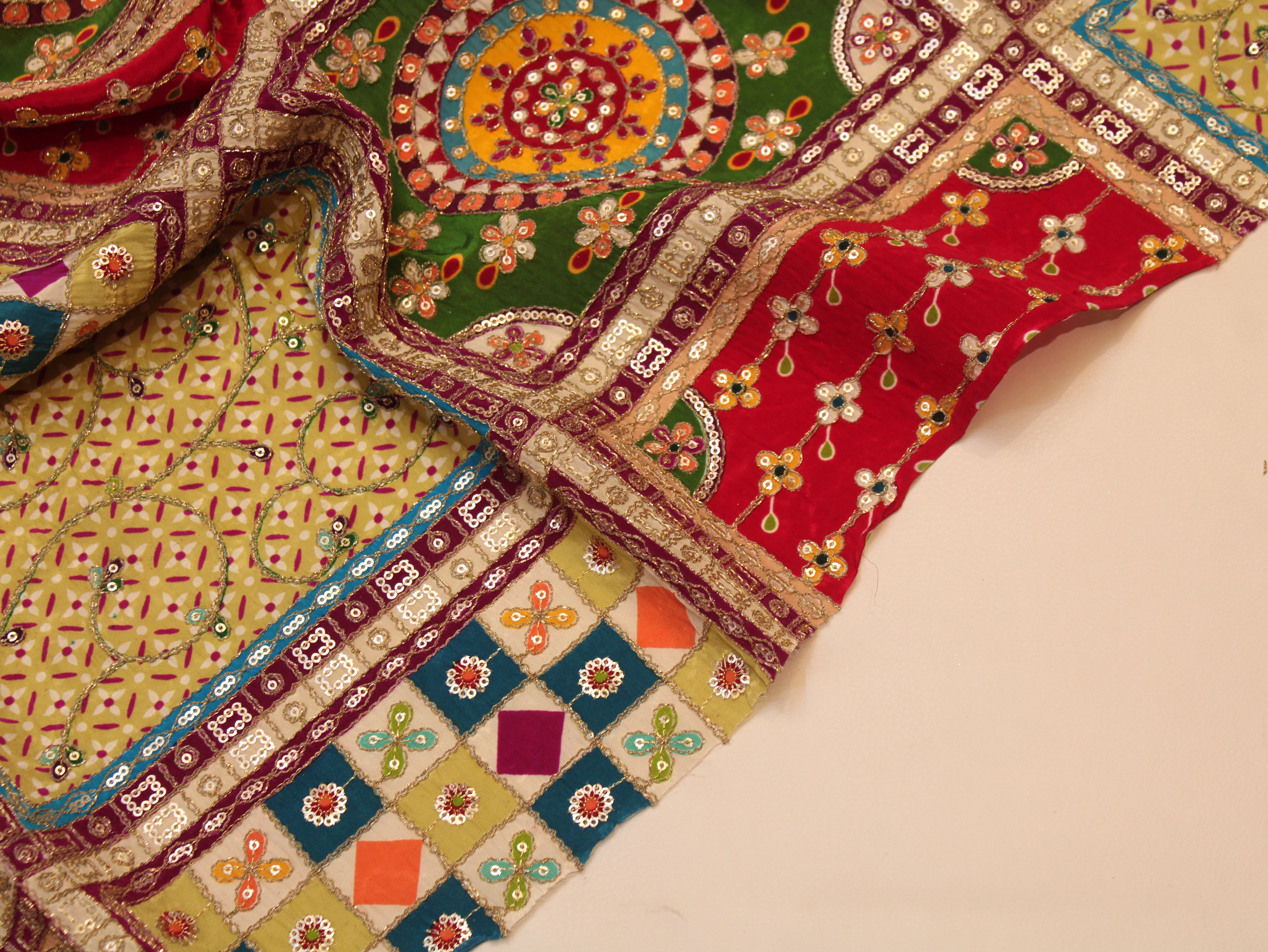 Natural Crepe Heavy Position Print Fabric With Cording & Sequin Work | Patchwork Design