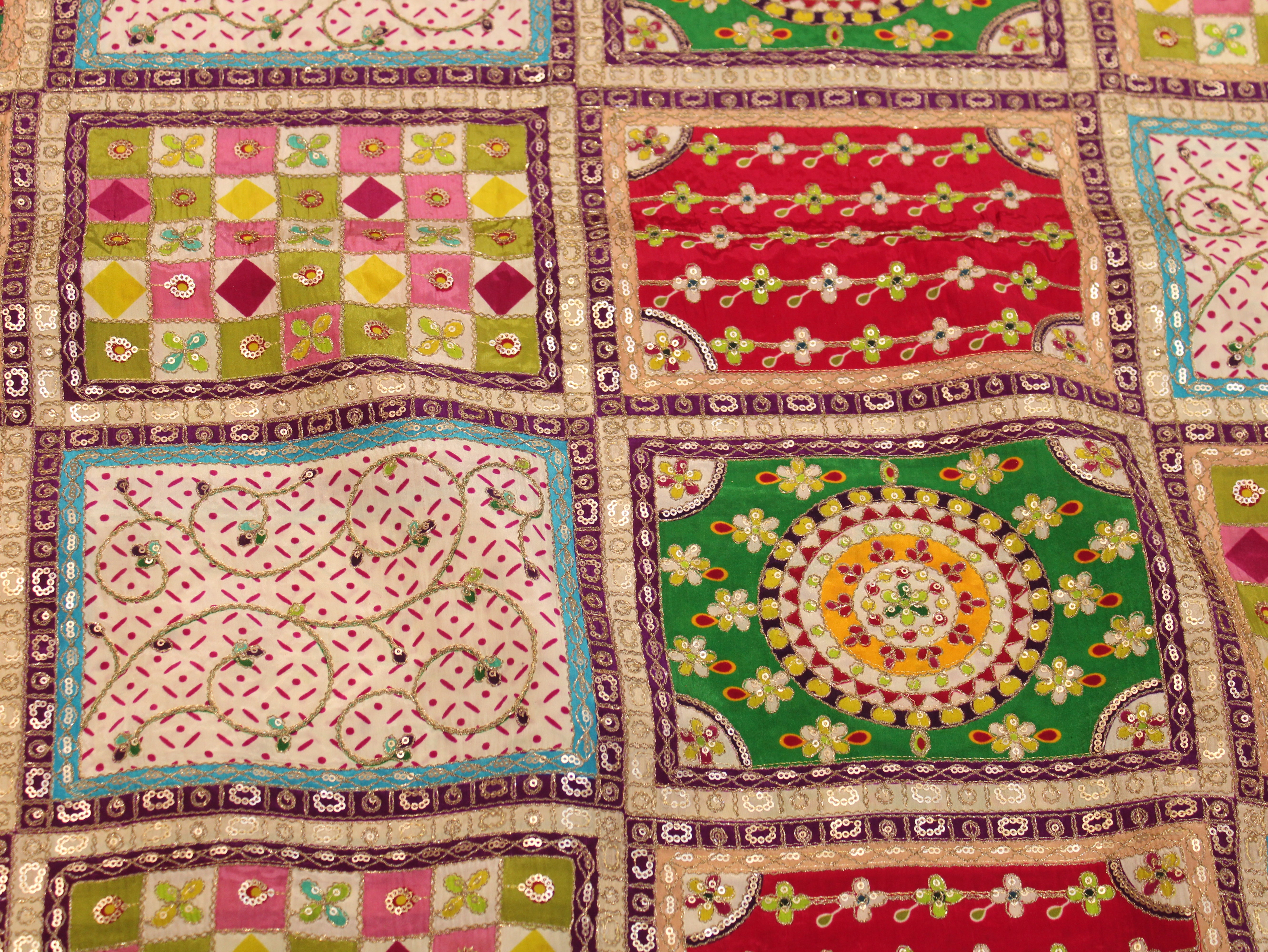 Natural Crepe Heavy Position Print Fabric With Cording & Sequin Work | Patchwork Design