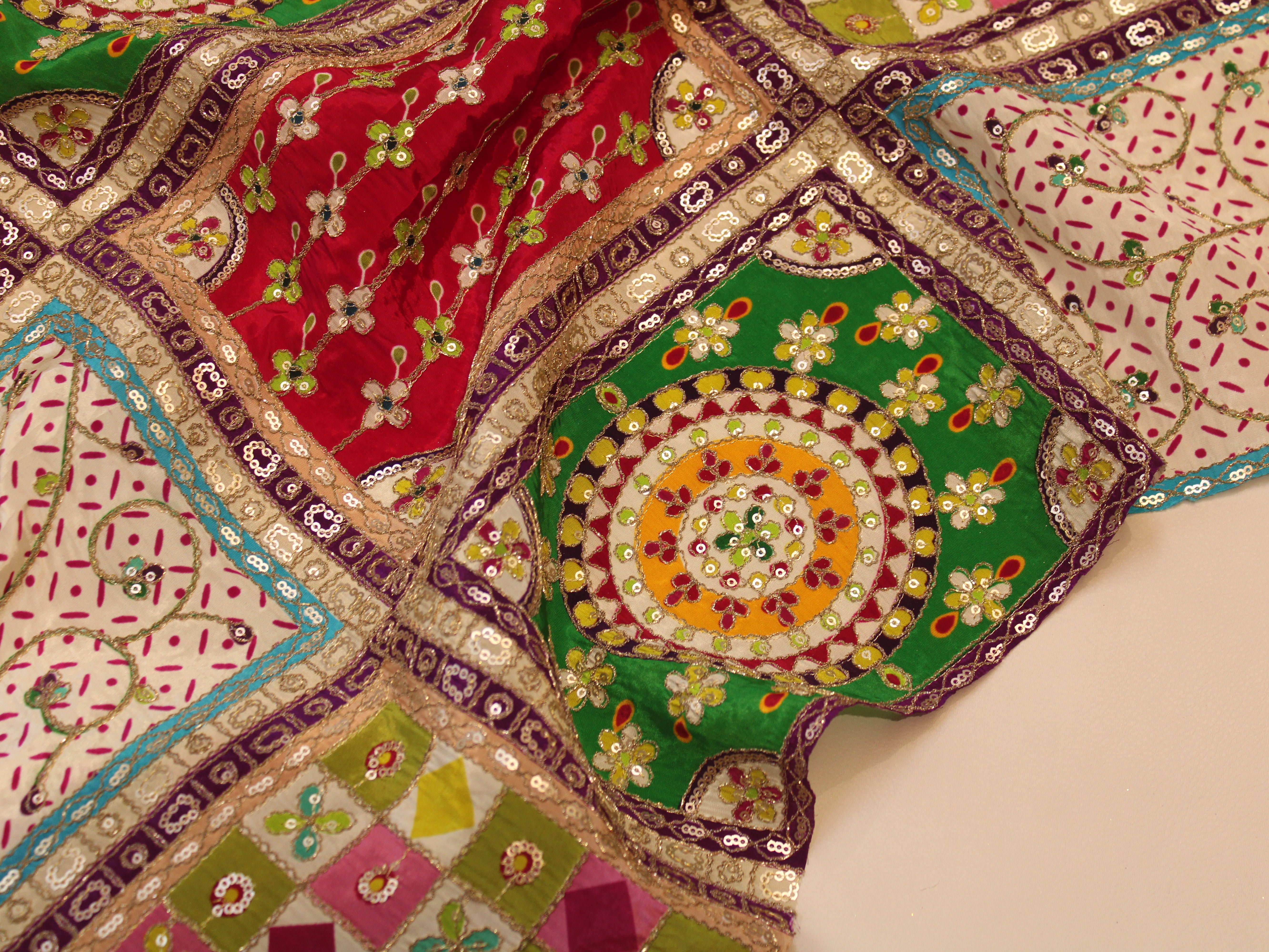 Natural Crepe Heavy Position Print Fabric With Cording & Sequin Work | Patchwork Design