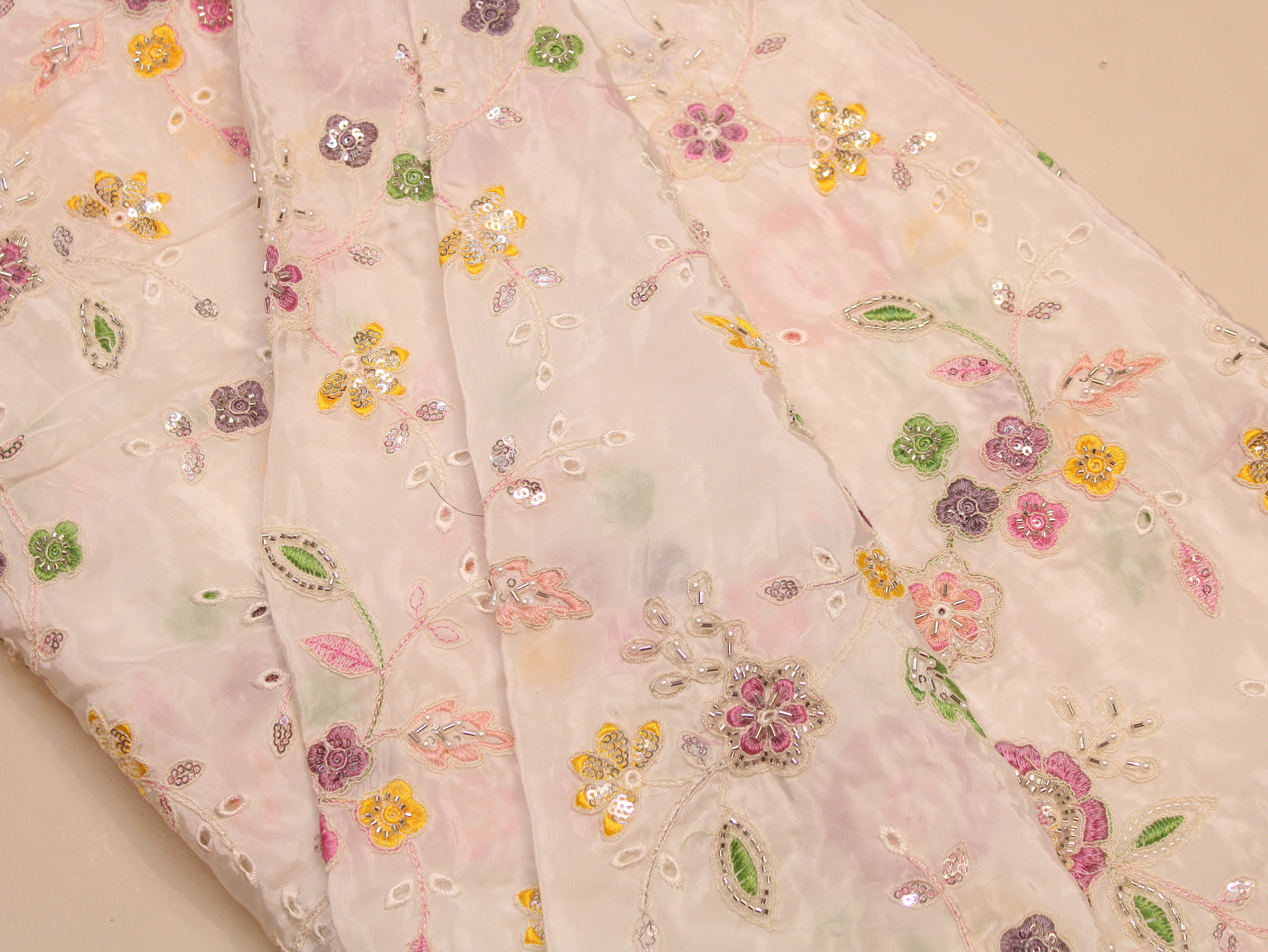 Glass Organza Fabric — Cream | Multi Colour Floral Thread, Pearl & Beads Work | Hakoba Cutwork | 44 Inch | Per Metre