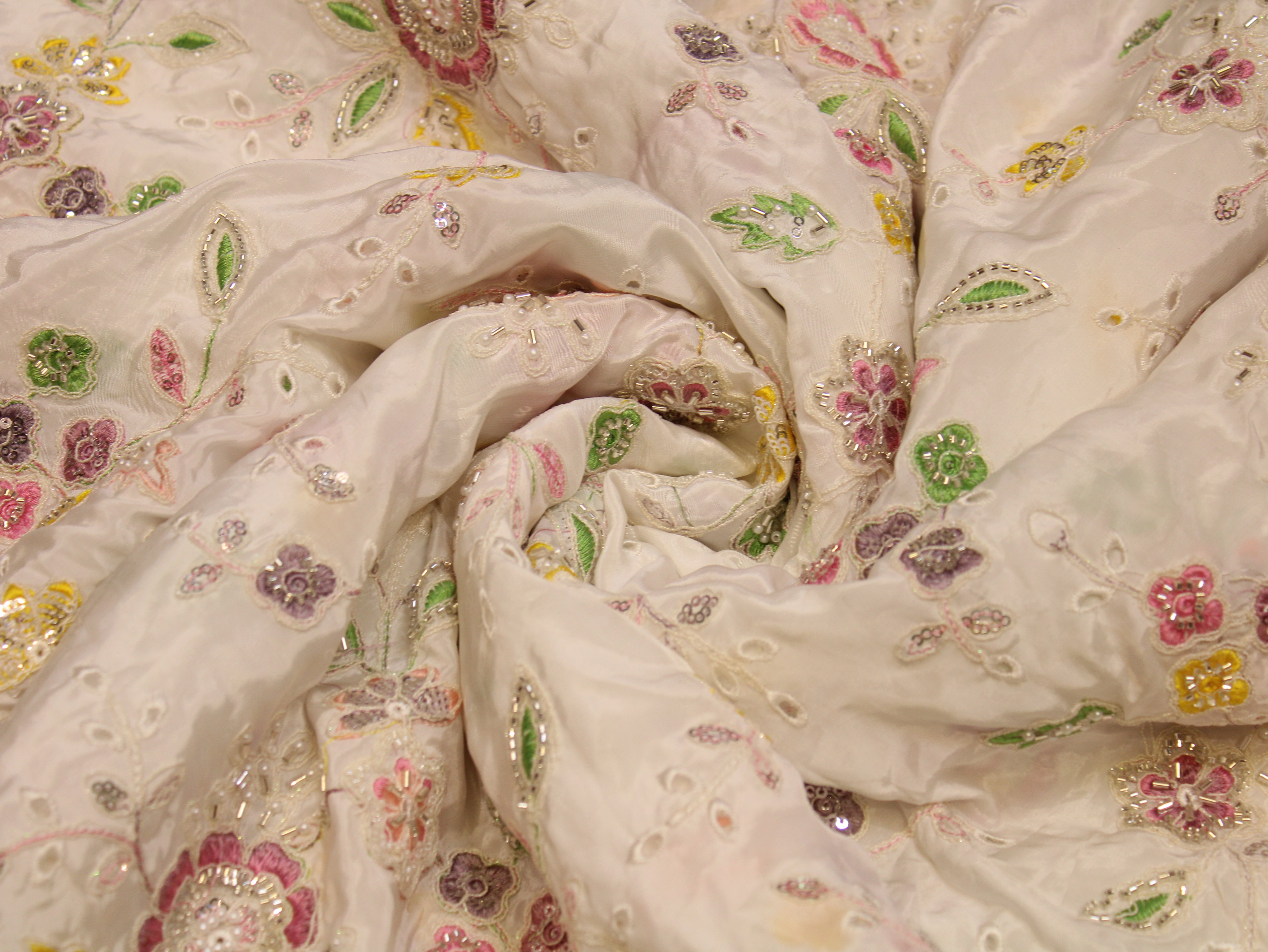 Glass Organza Fabric — Cream | Multi Colour Floral Thread, Pearl & Beads Work | Hakoba Cutwork | 44 Inch | Per Metre