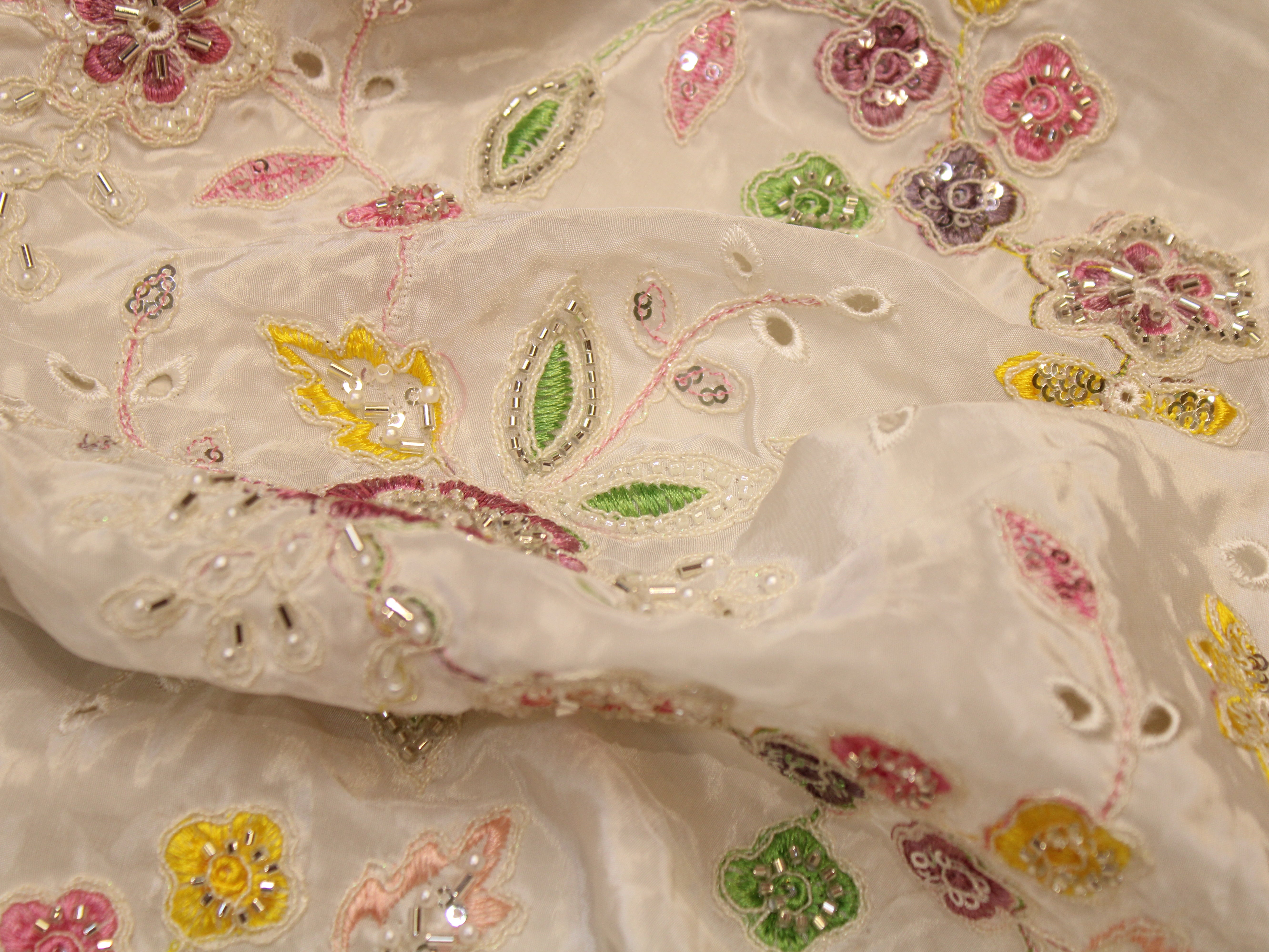 Glass Organza Fabric — Cream | Multi Colour Floral Thread, Pearl & Beads Work | Hakoba Cutwork | 44 Inch | Per Metre