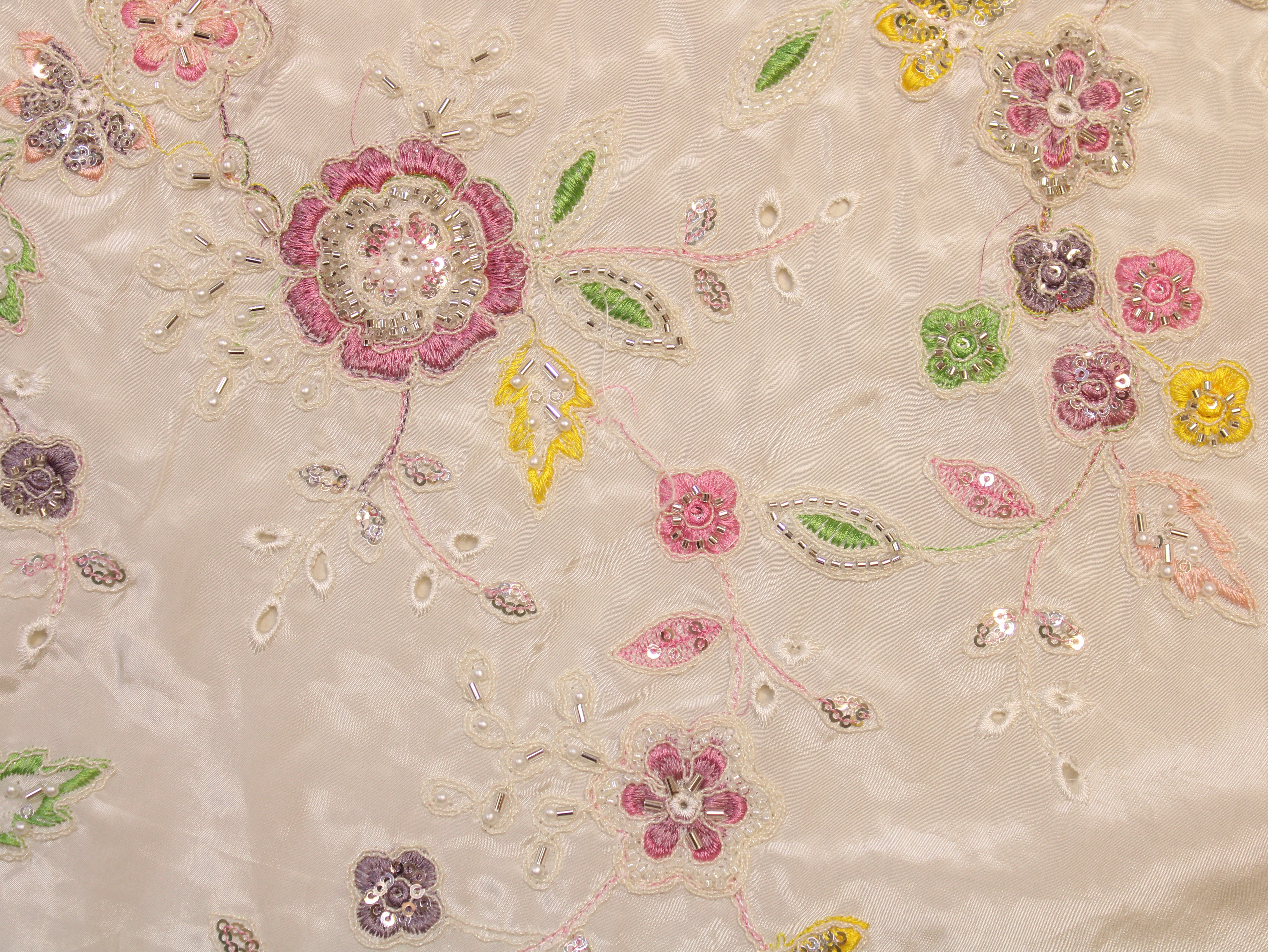 Glass Organza Fabric — Cream | Multi Colour Floral Thread, Pearl & Beads Work | Hakoba Cutwork | 44 Inch | Per Metre