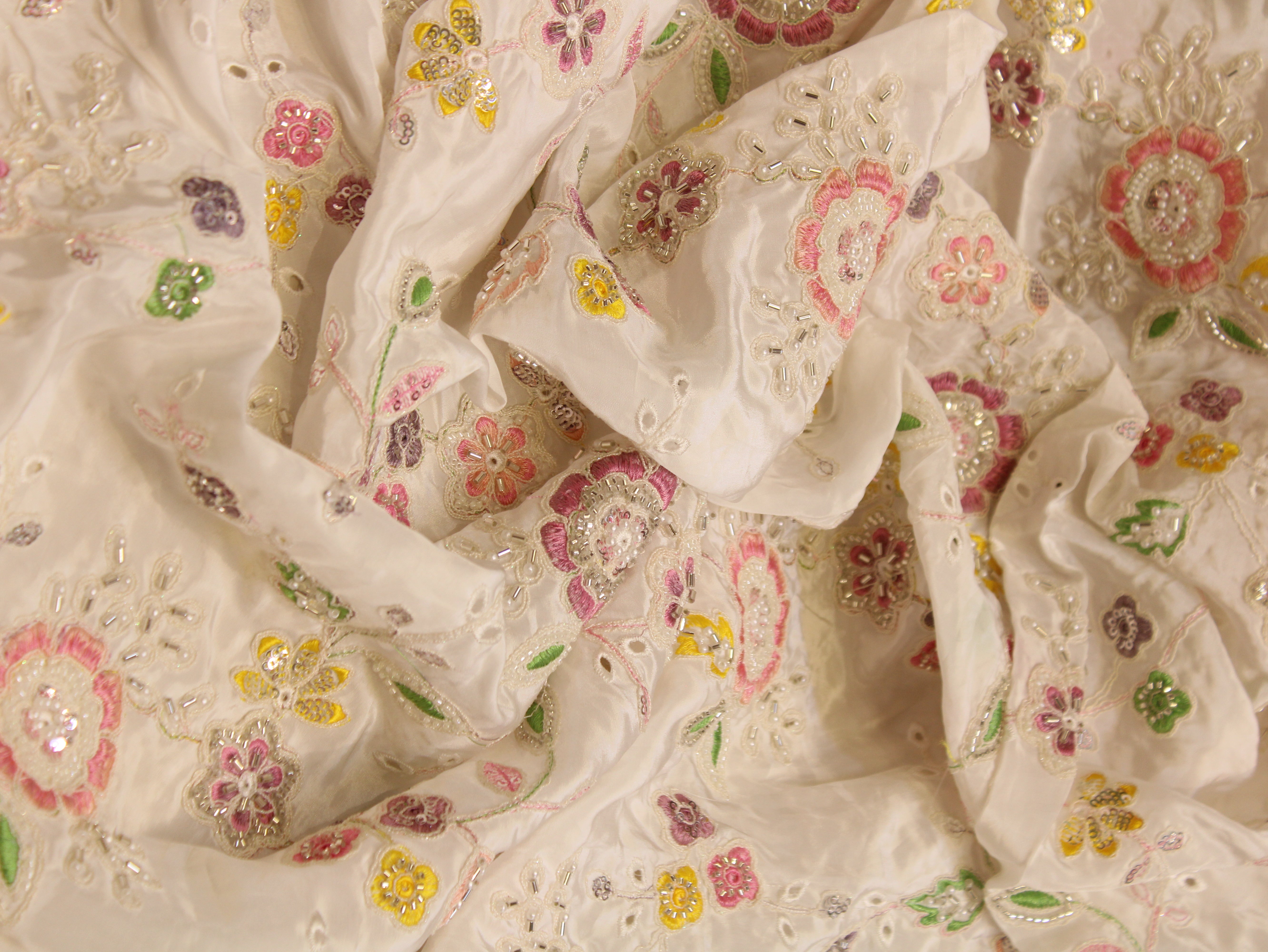 Glass Organza Fabric — Cream | Multi Colour Floral Thread, Pearl & Beads Work | Hakoba Cutwork | 44 Inch | Per Metre