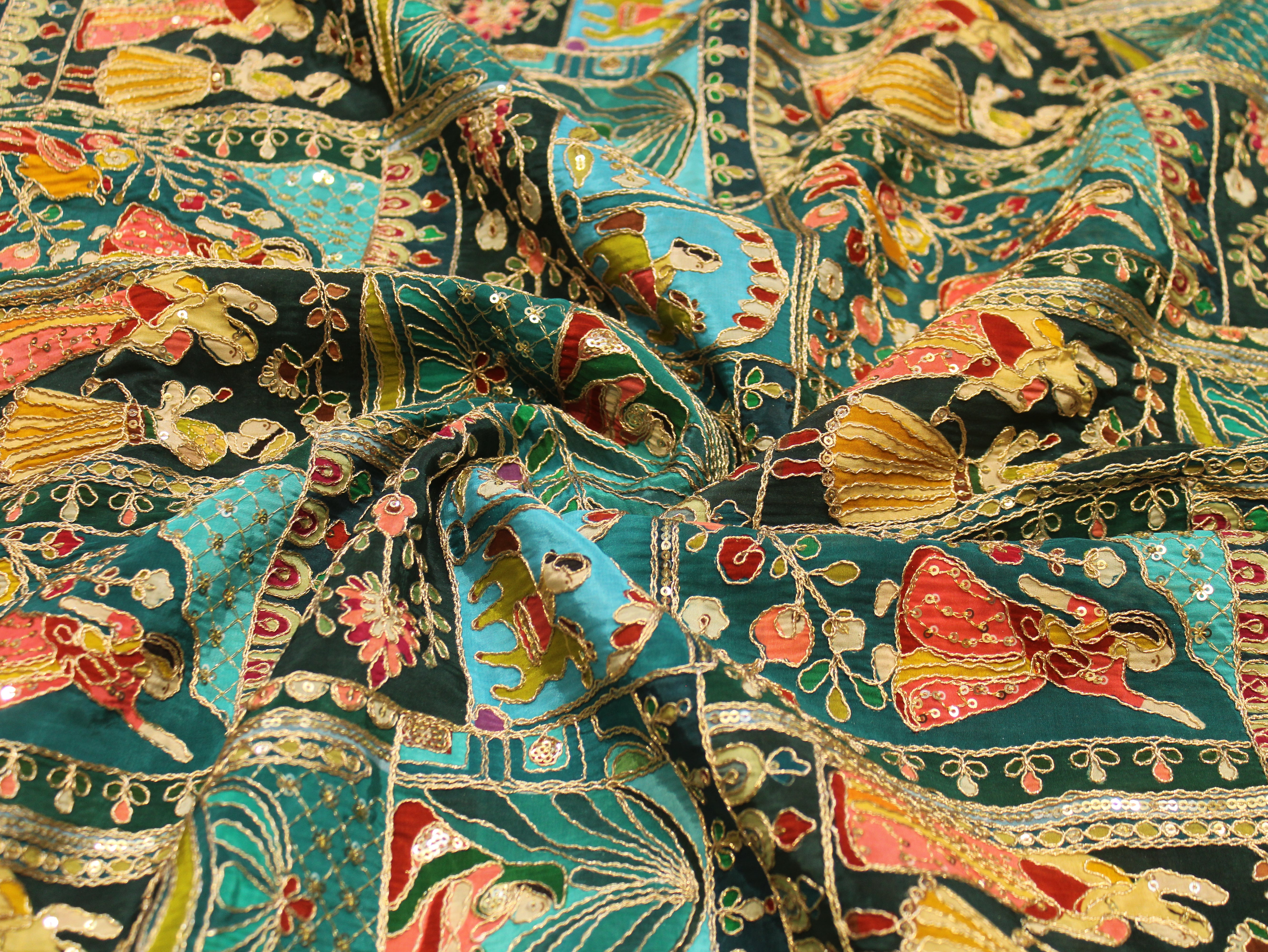 Natural Crepe Position Cording Work Fabric | Peacock Blue