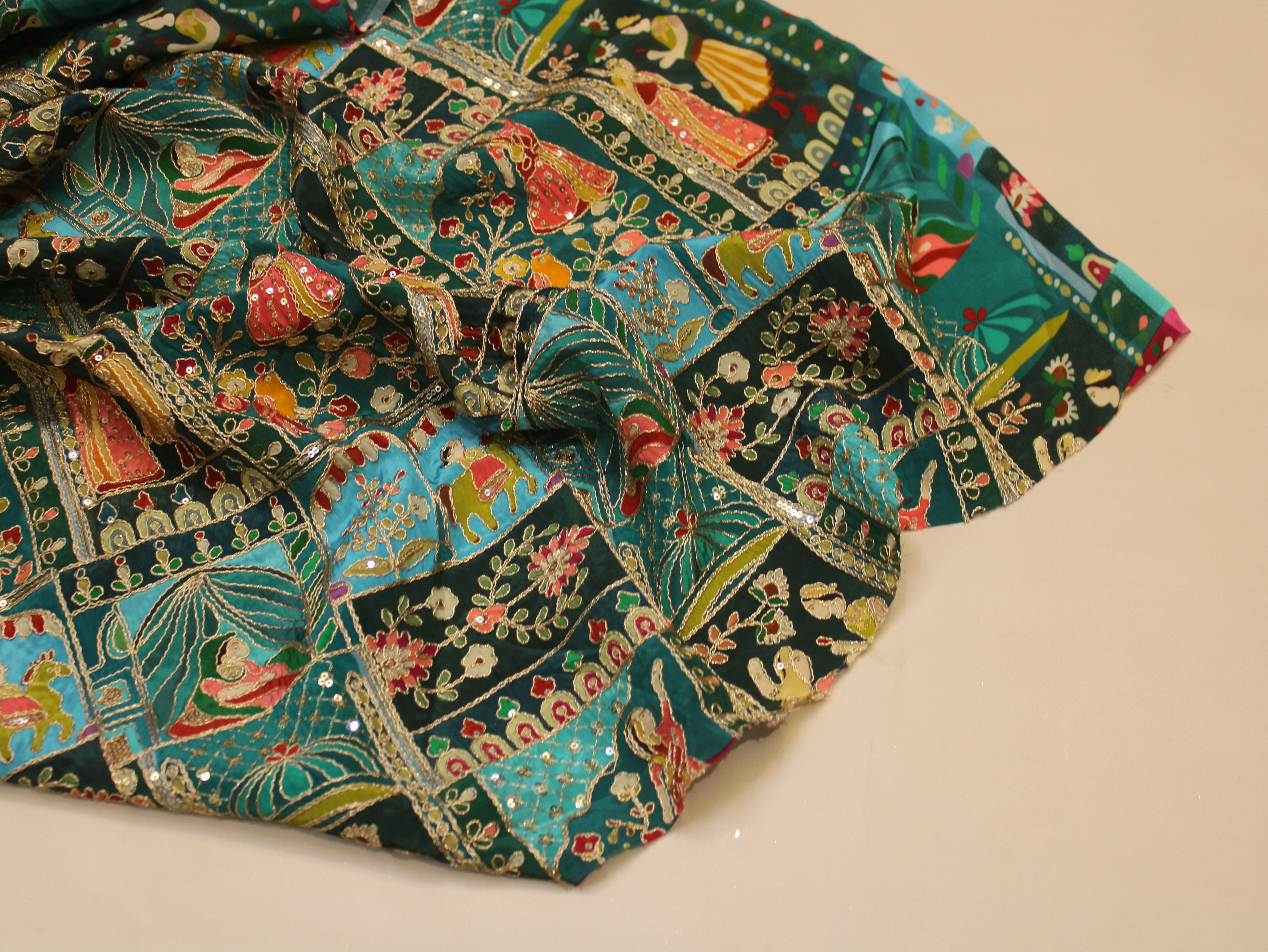 Natural Crepe Position Cording Work Fabric | Peacock Blue