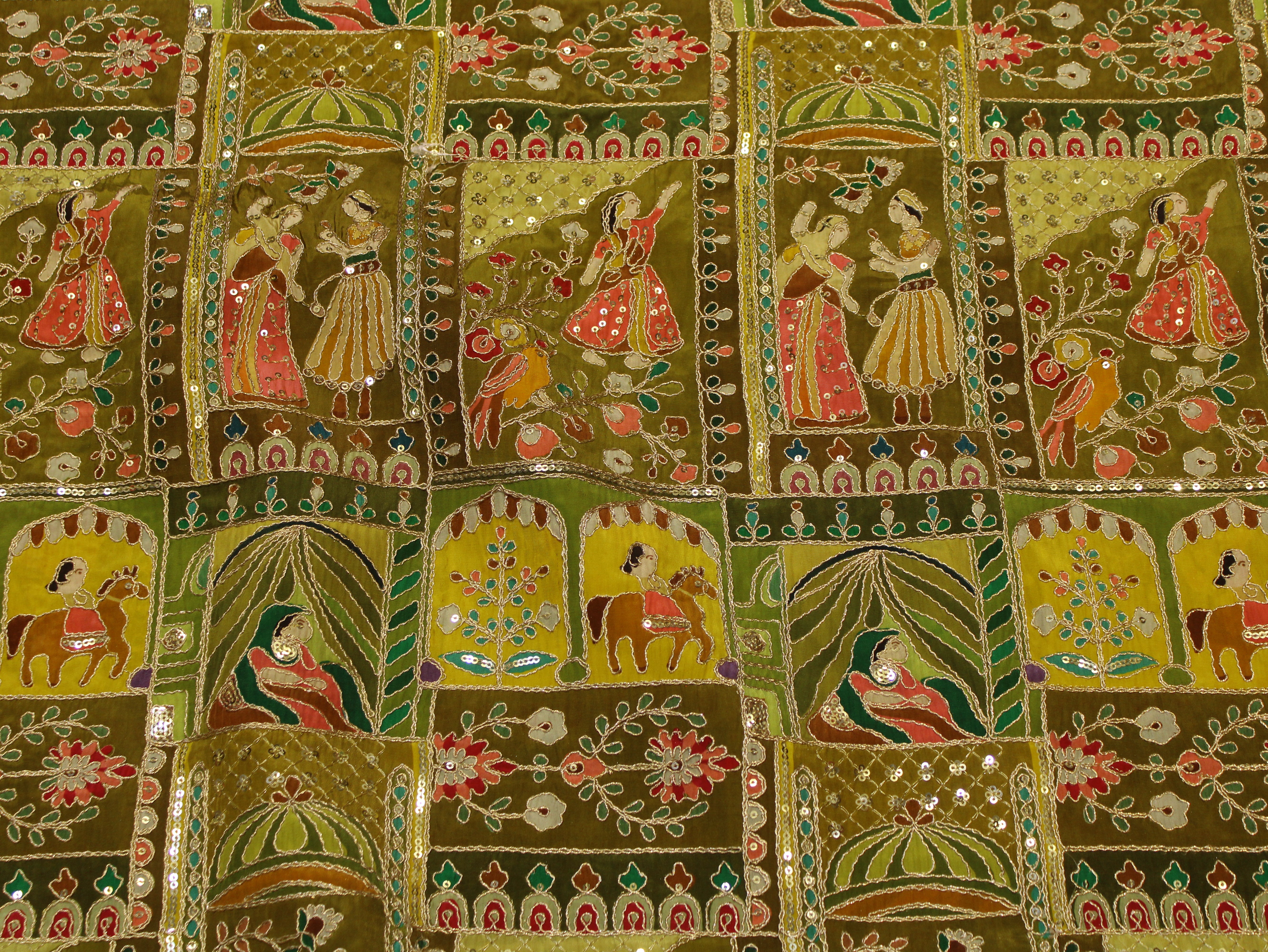 Natural Crepe Position Cording Work Fabric | Mehendi Green