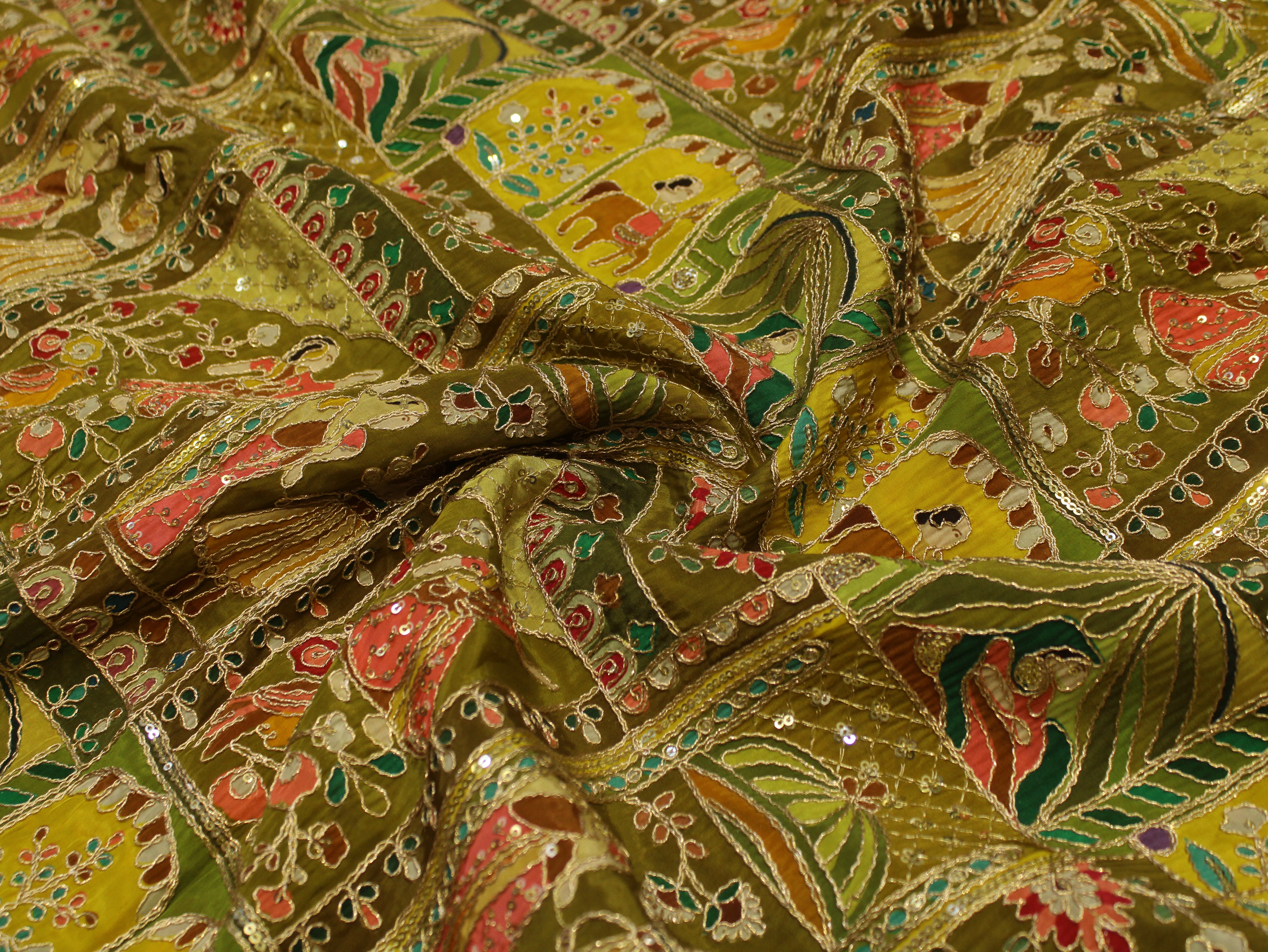 Natural Crepe Position Cording Work Fabric | Mehendi Green