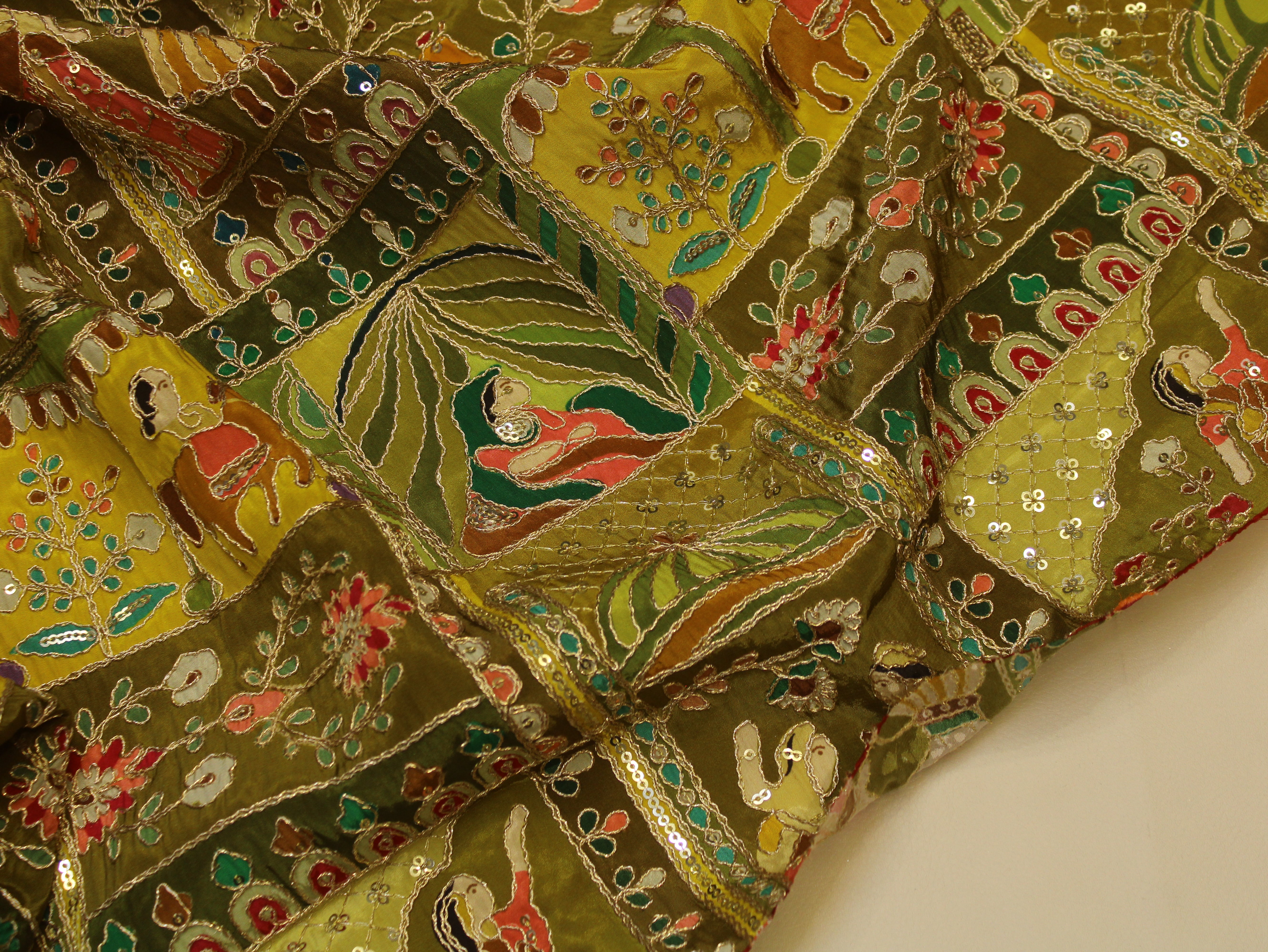 Natural Crepe Position Cording Work Fabric | Mehendi Green