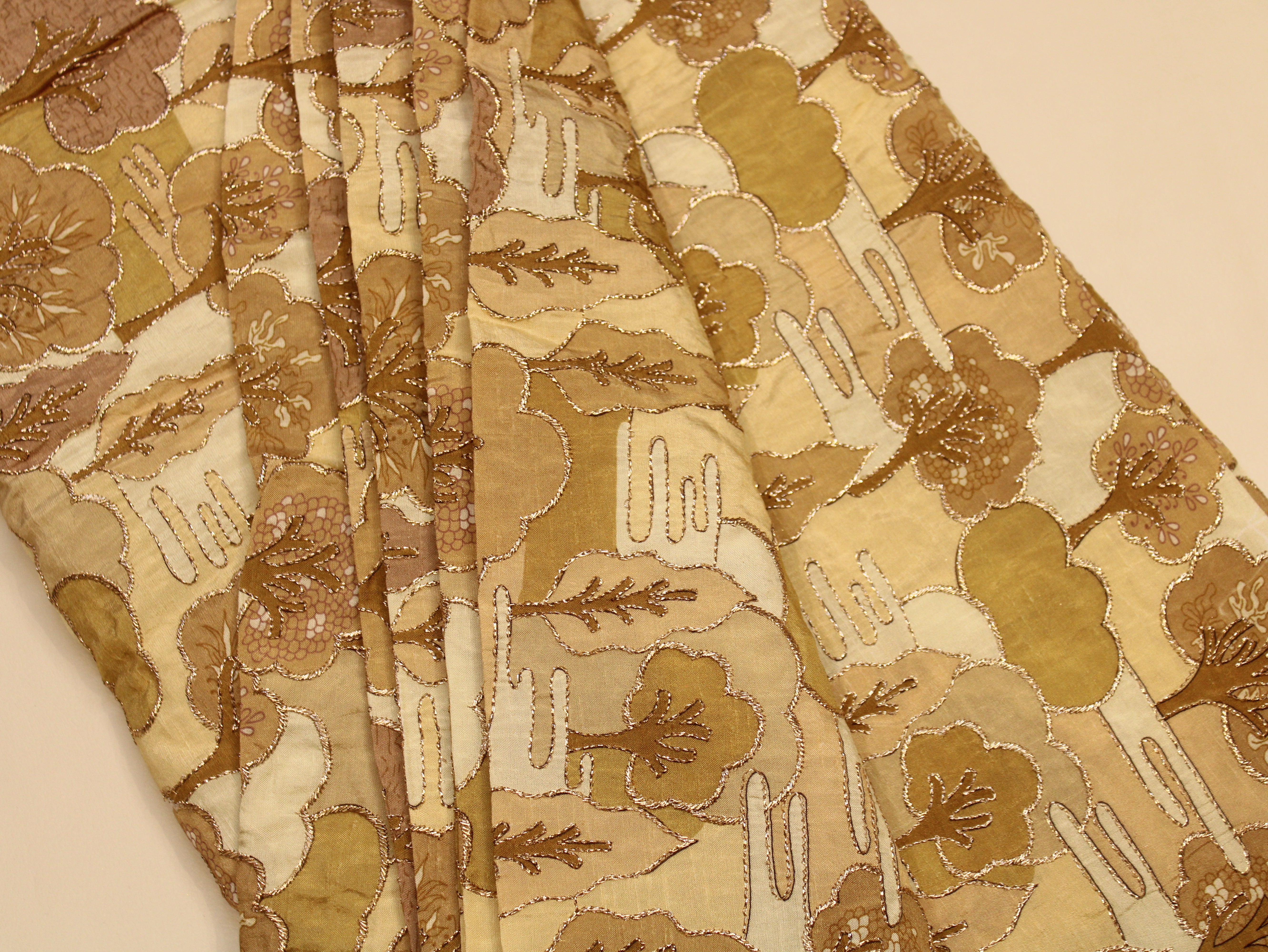 Dola Silk Position & Cording Work Fabric — Antique Gold | Abstract Tree & Floral | Gold Zari | 44 Inch | Per Metre