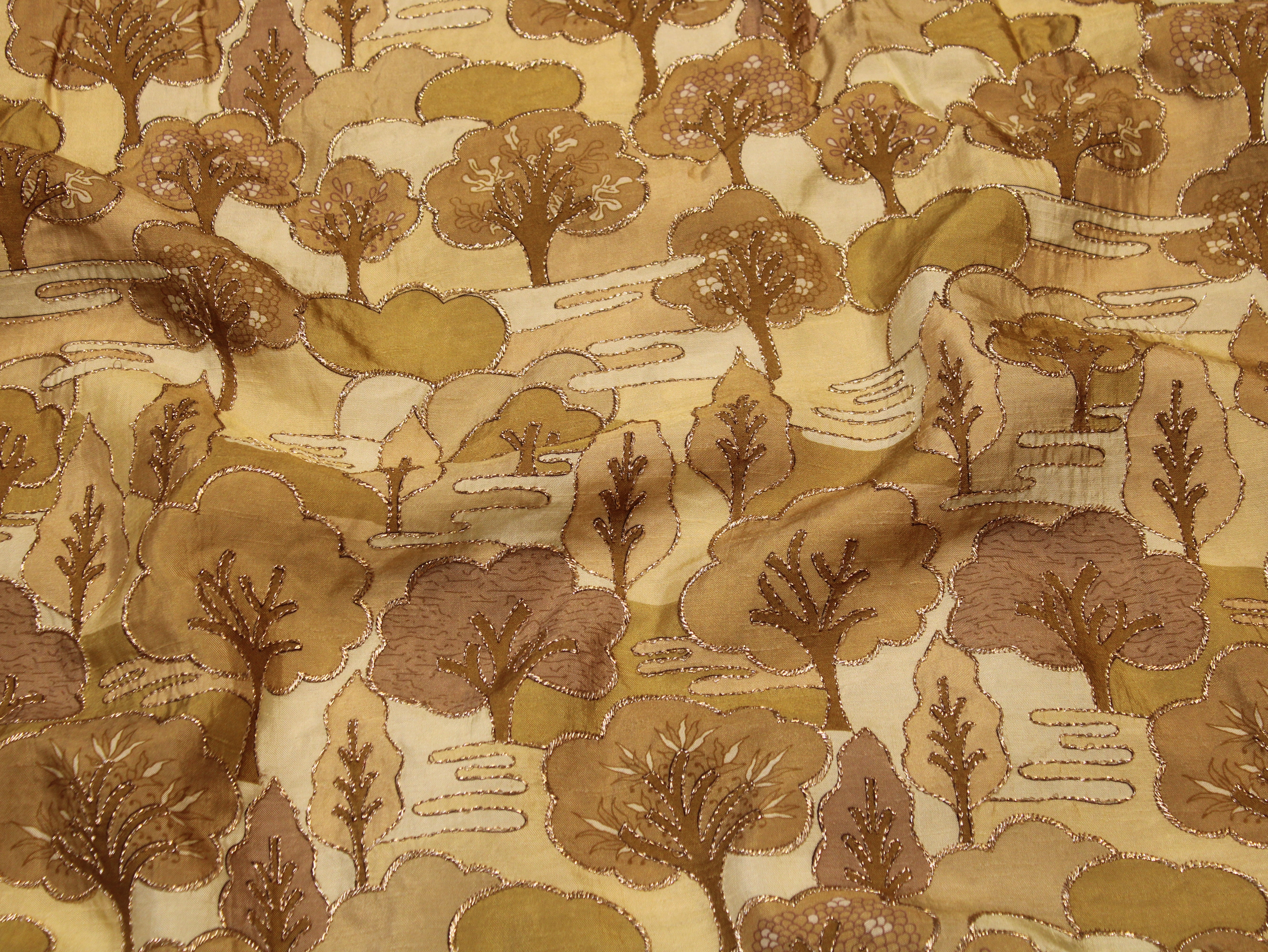 Dola Silk Position & Cording Work Fabric — Antique Gold | Abstract Tree & Floral | Gold Zari | 44 Inch | Per Metre