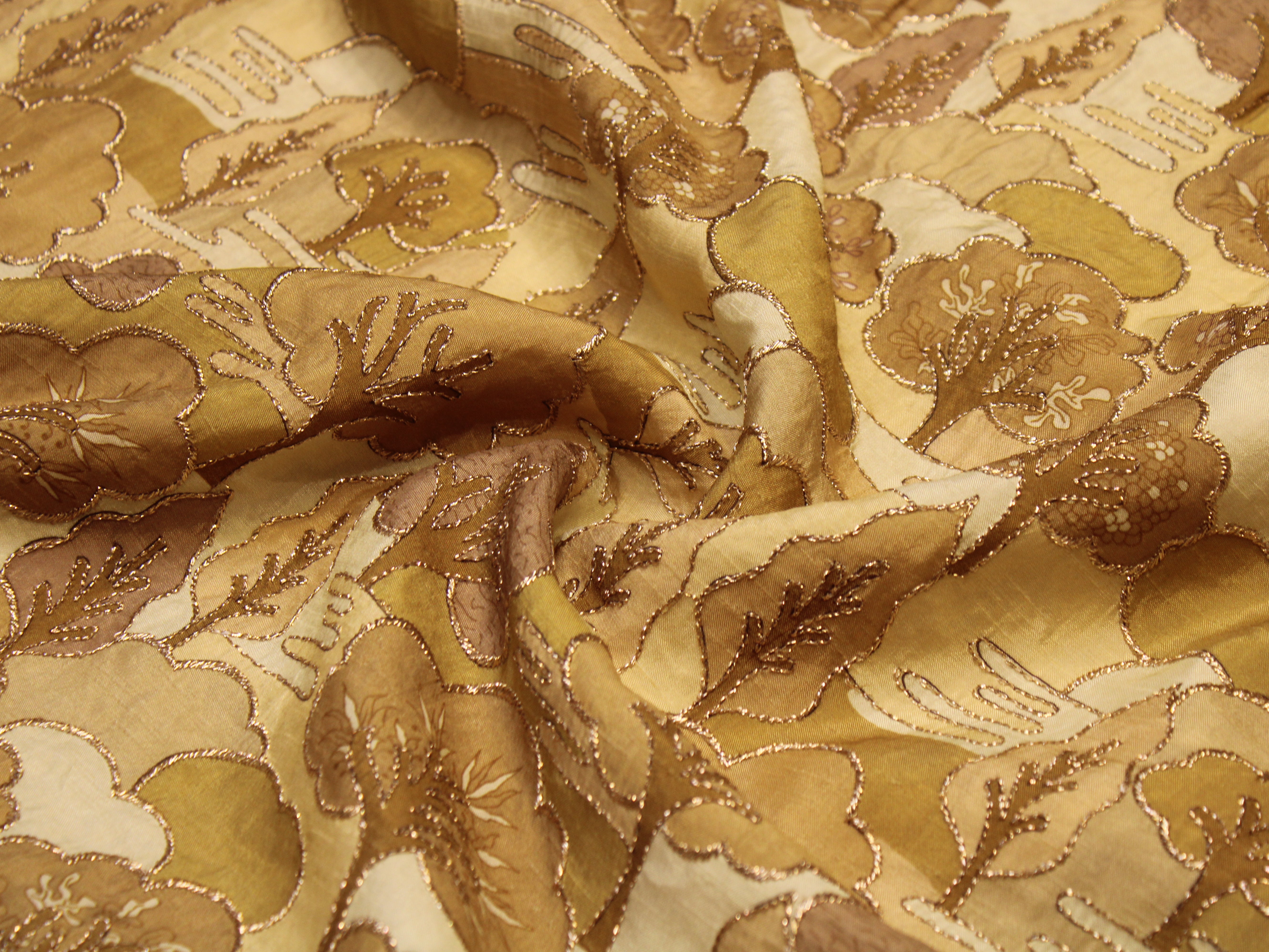 Dola Silk Position & Cording Work Fabric — Antique Gold | Abstract Tree & Floral | Gold Zari | 44 Inch | Per Metre