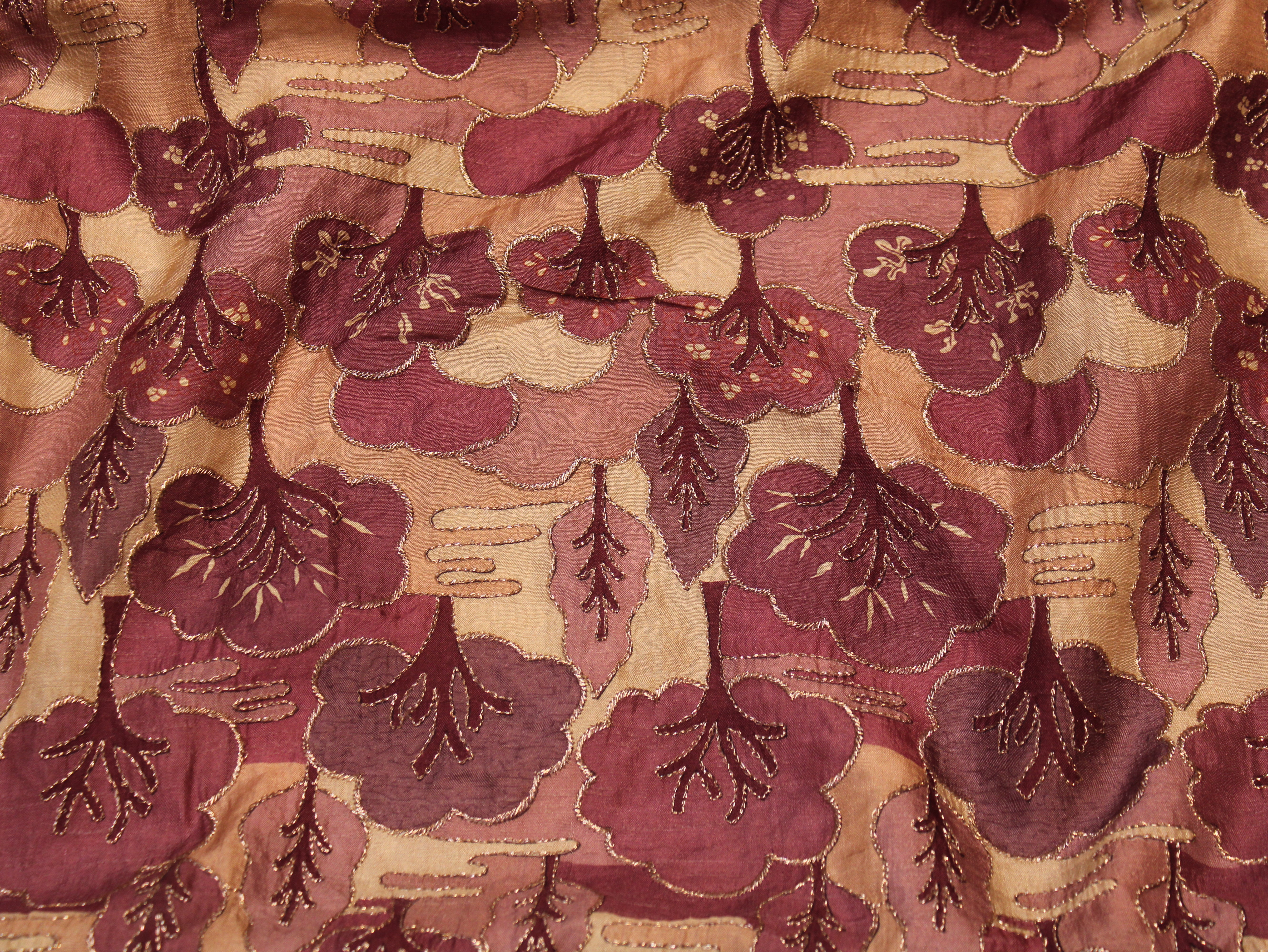 Dola Silk Position & Cording Work Fabric — Wine & Gold | Abstract Tree & Floral | Gold Zari | 44 Inch | Per Metre