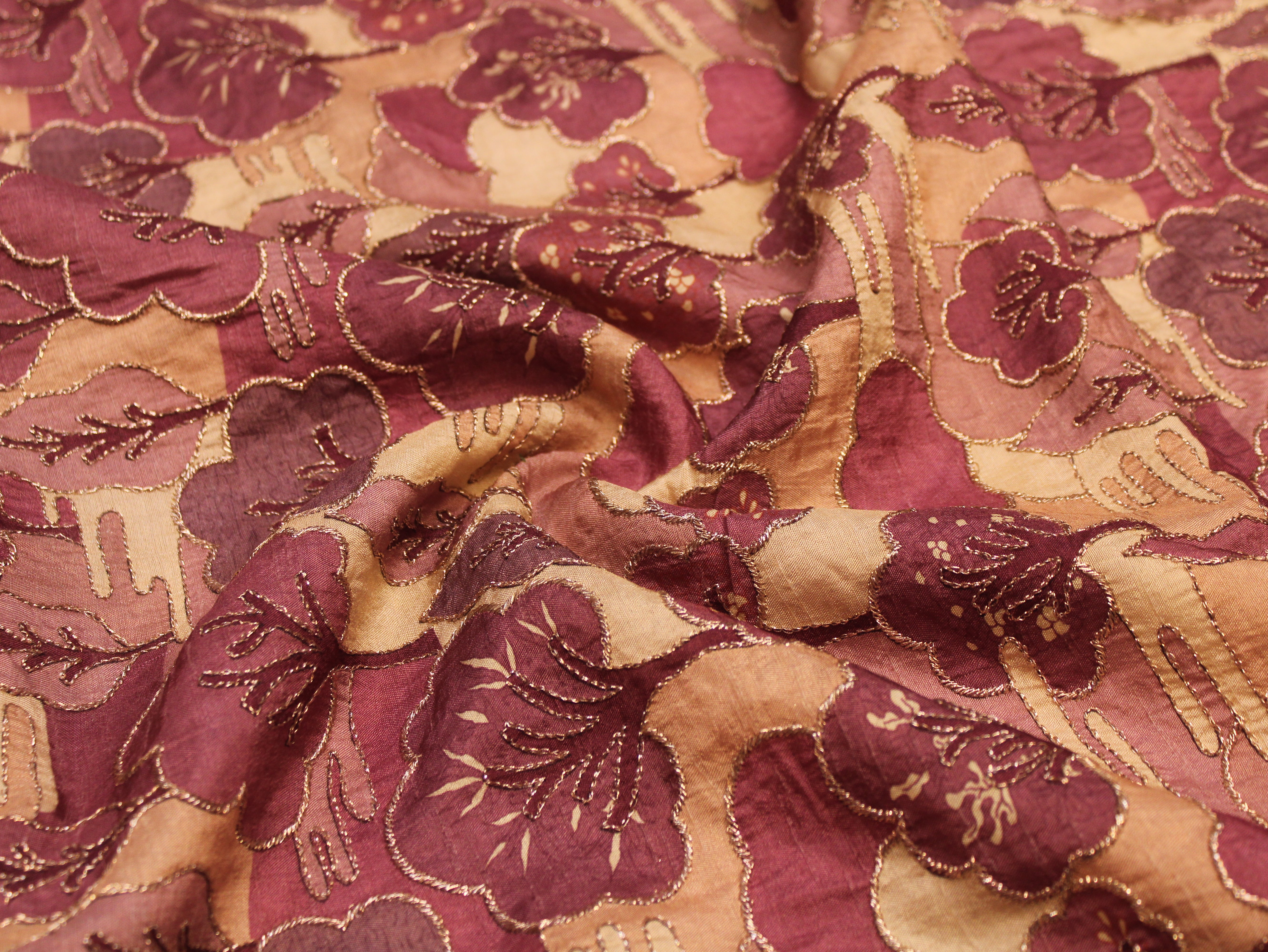 Dola Silk Position & Cording Work Fabric — Wine & Gold | Abstract Tree & Floral | Gold Zari | 44 Inch | Per Metre