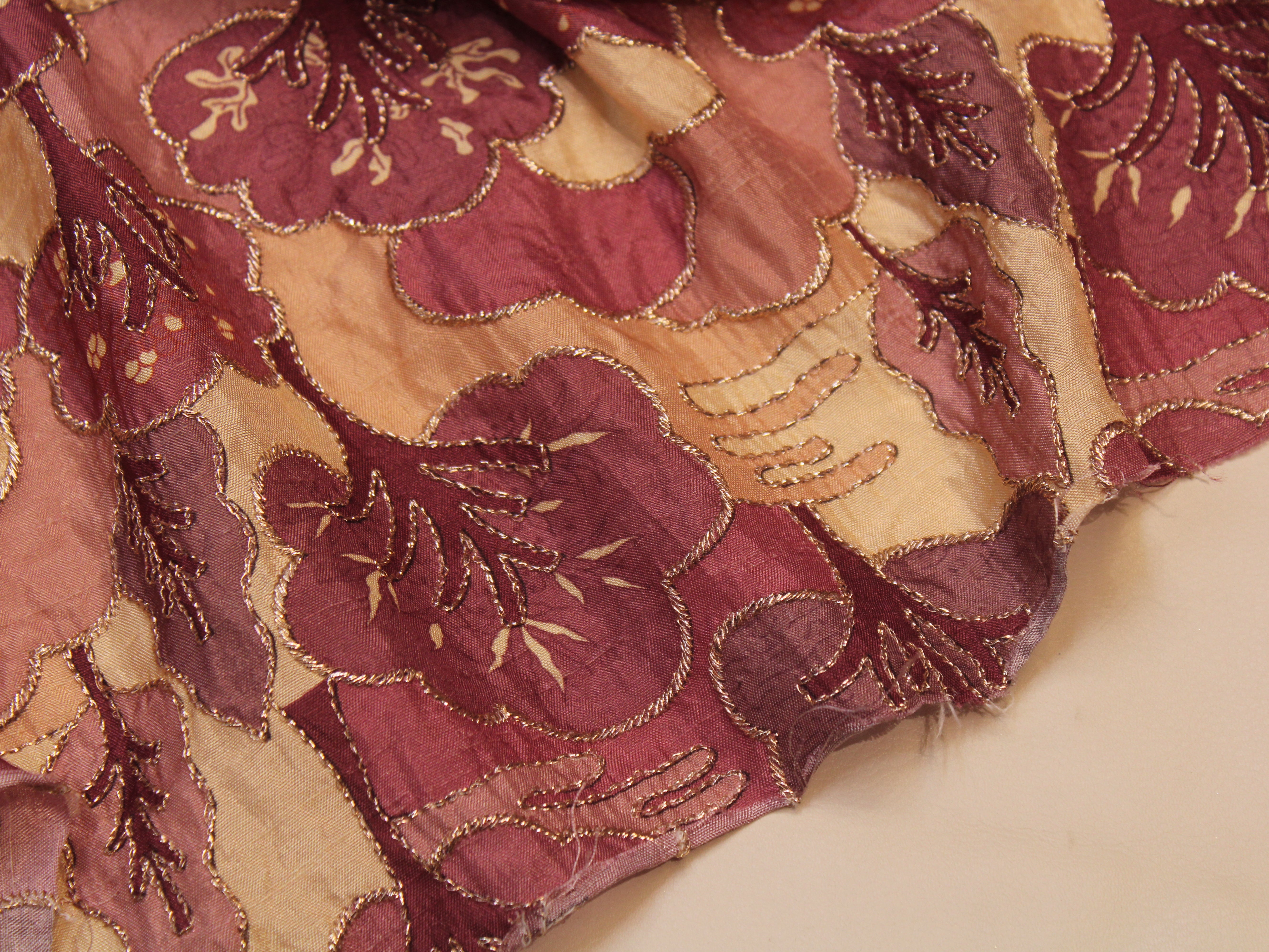 Dola Silk Position & Cording Work Fabric — Wine & Gold | Abstract Tree & Floral | Gold Zari | 44 Inch | Per Metre