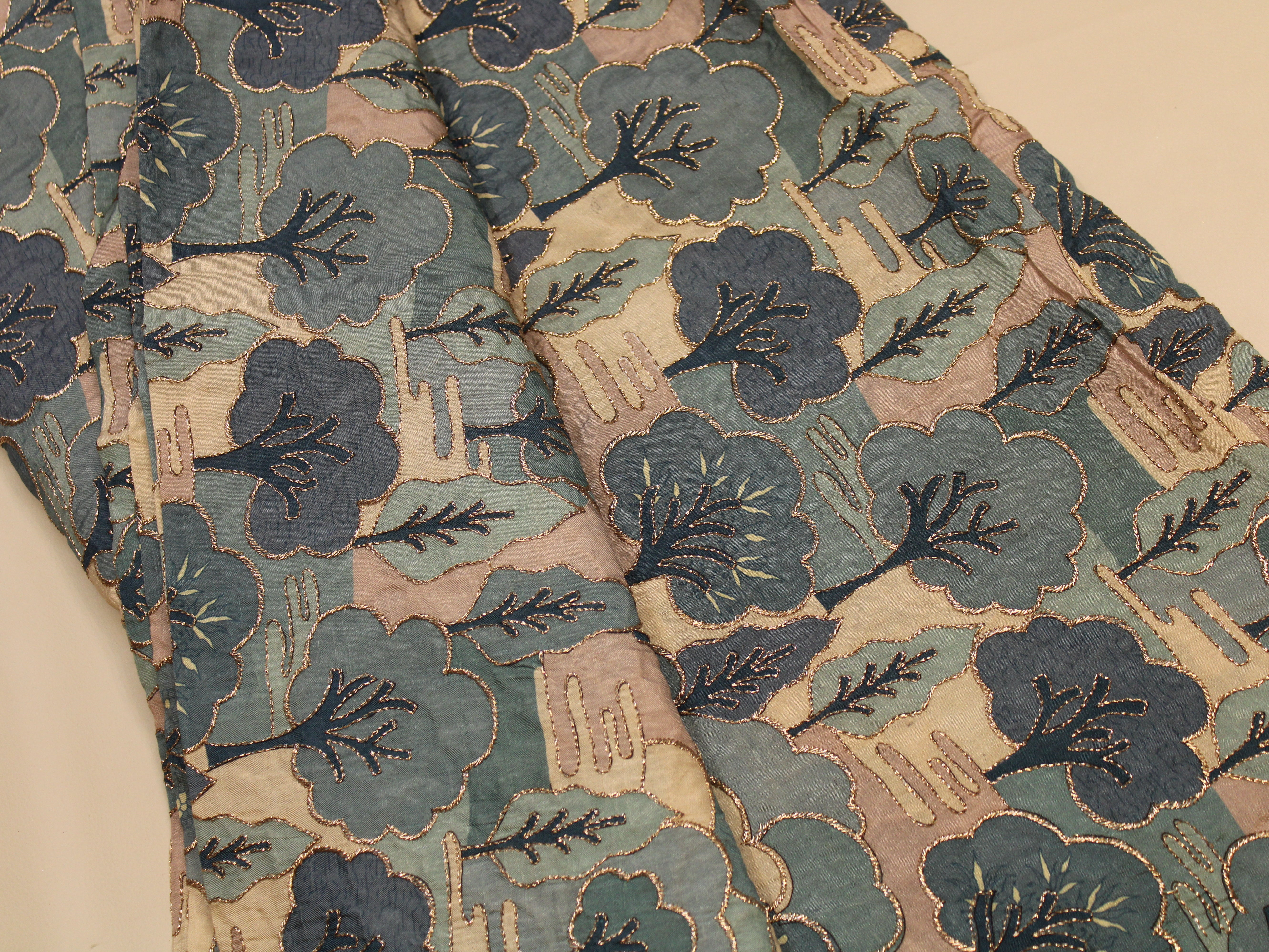 Teal & Cream Floral Digital Position Work Pure Dola Silk Fabric - 44 Inches