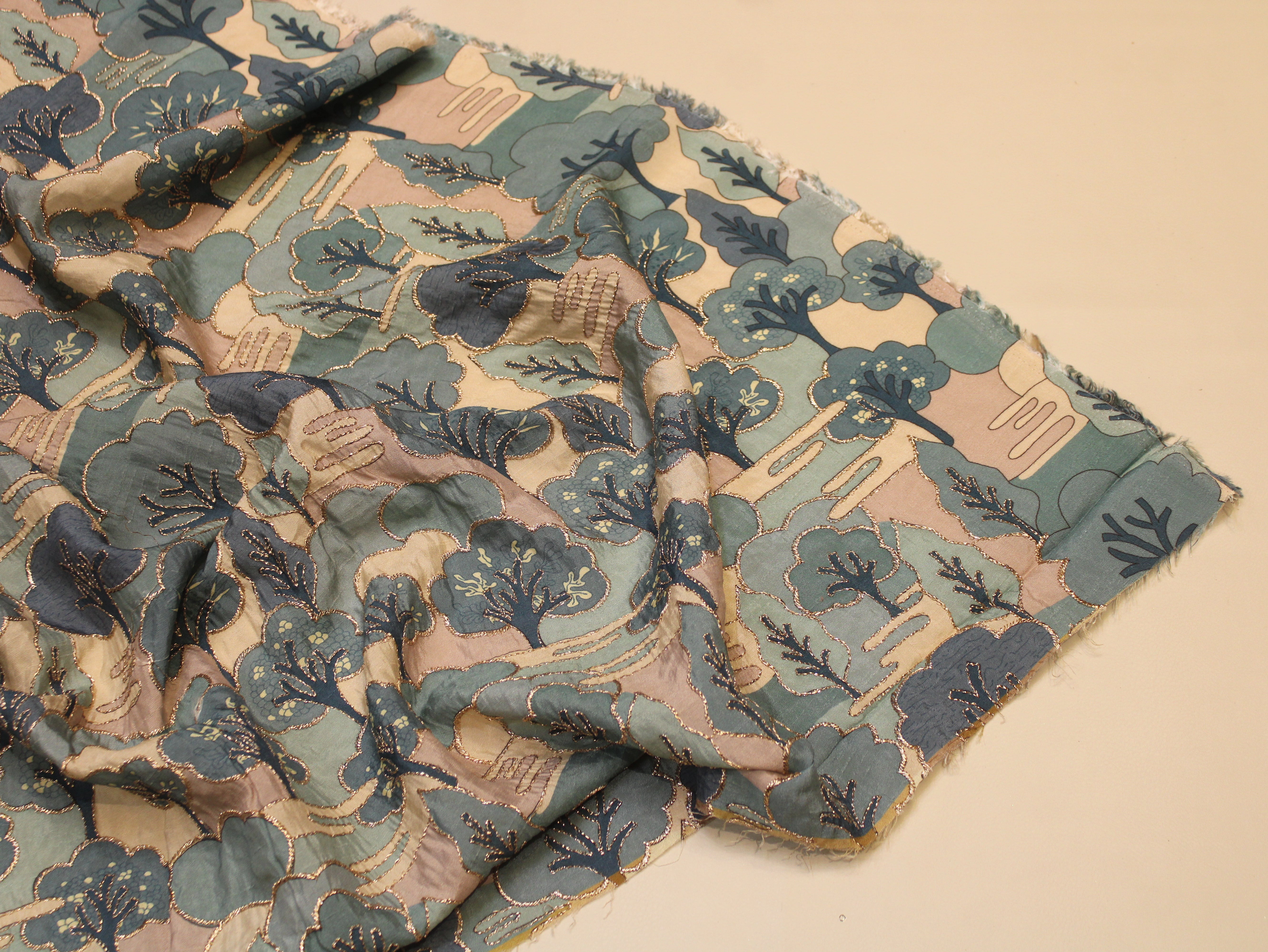 Teal & Cream Floral Digital Position Work Pure Dola Silk Fabric - 44 Inches