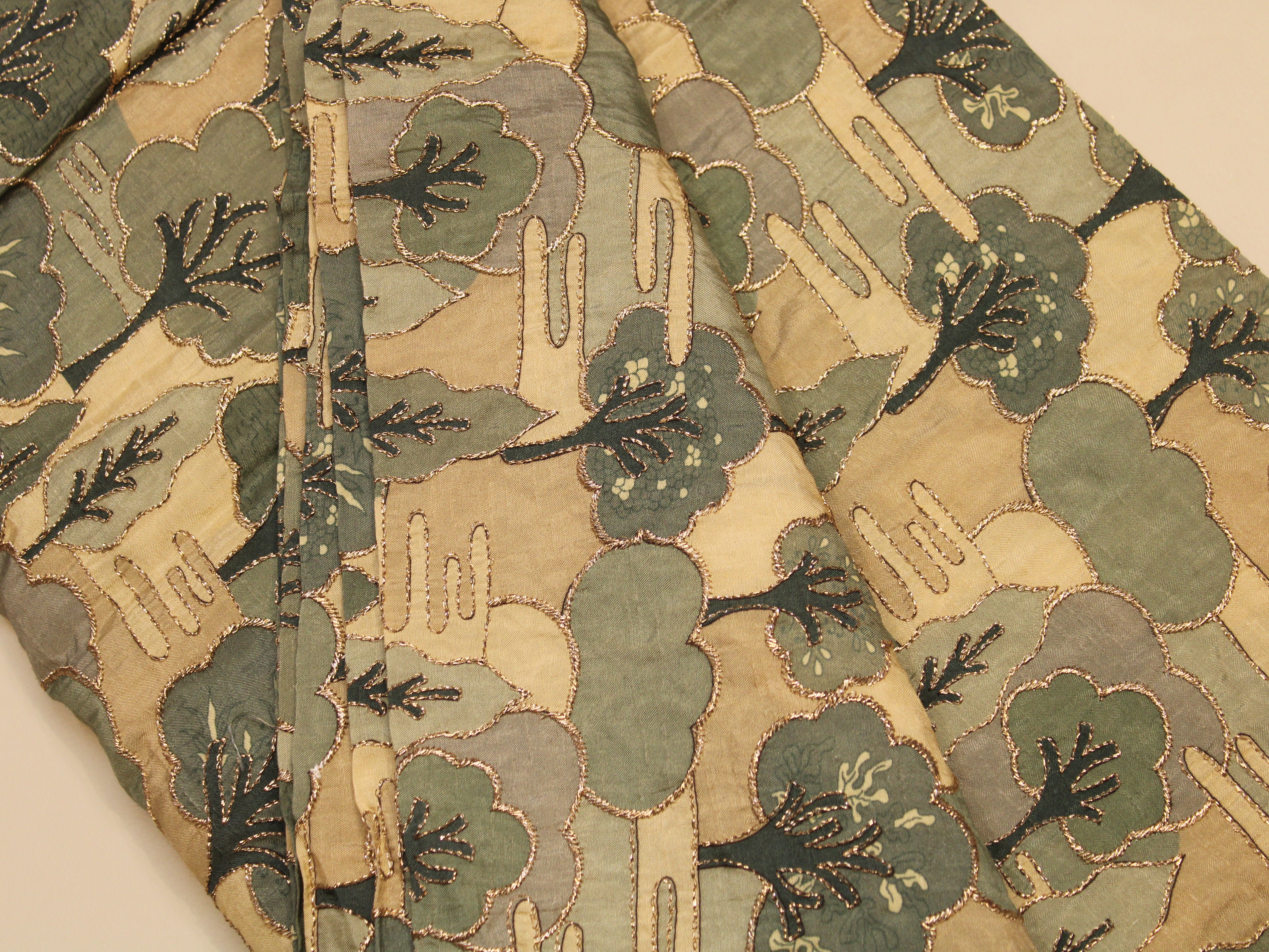 Dola Silk Position & Cording Work Fabric — Sage Green | Abstract Tree & Floral | Gold Zari | 44 Inch