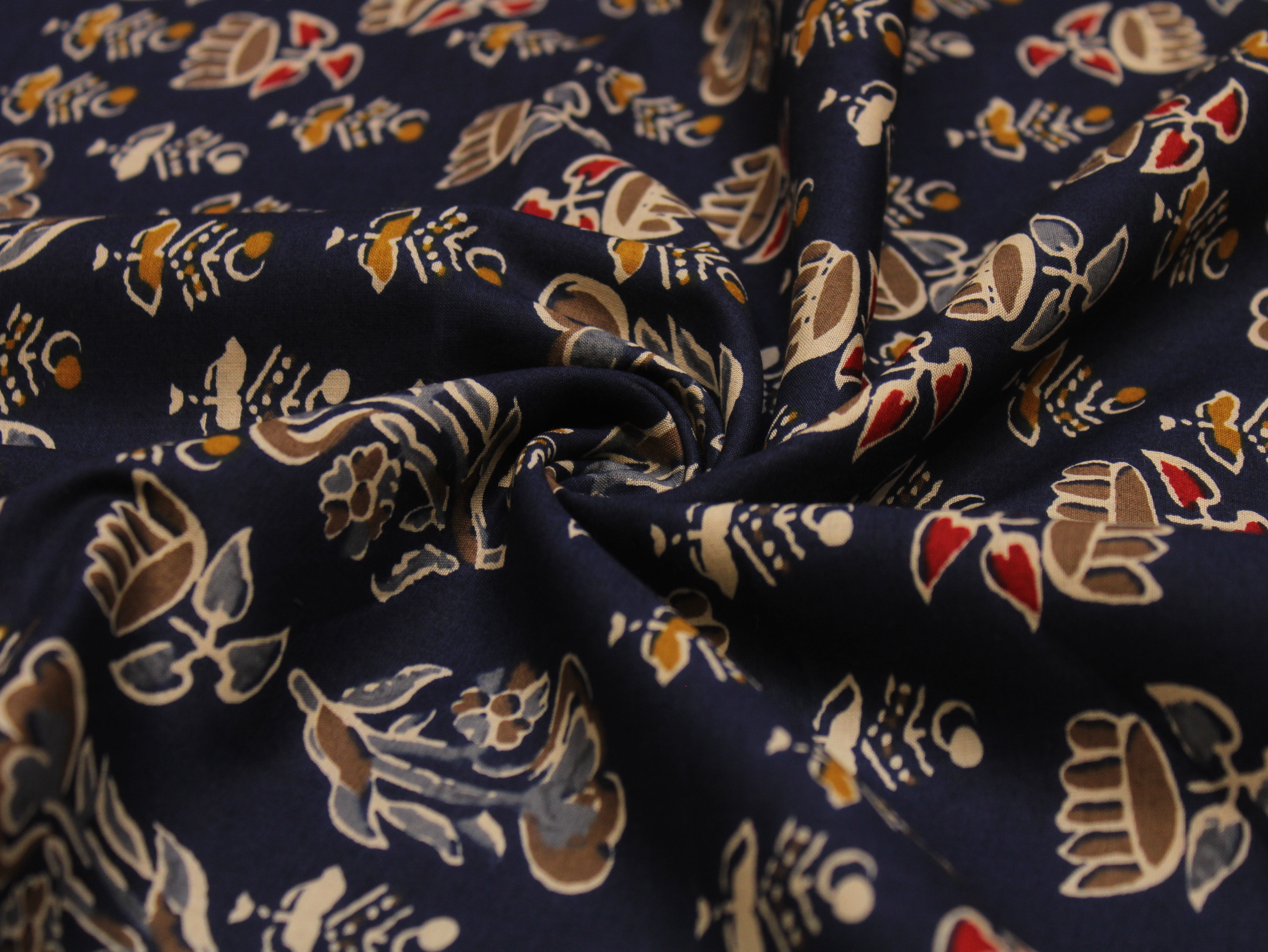 Pure Cotton Premium Printed Fabric 44" Width - Digital Print - Motifs | Navy Blue