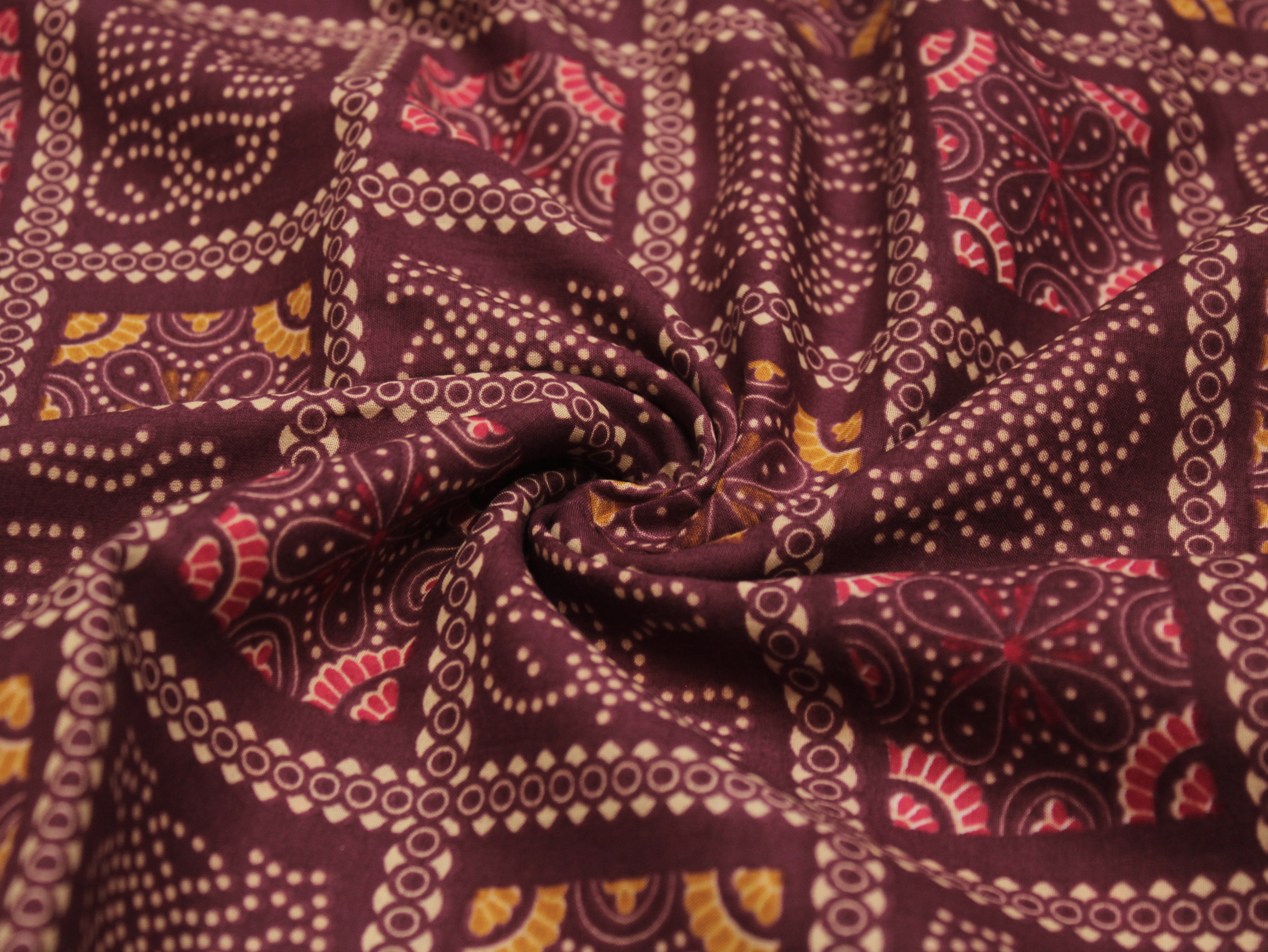 Pure Cotton Premium Printed Fabric 44" Width - Digital Print - Bandhini | Wine