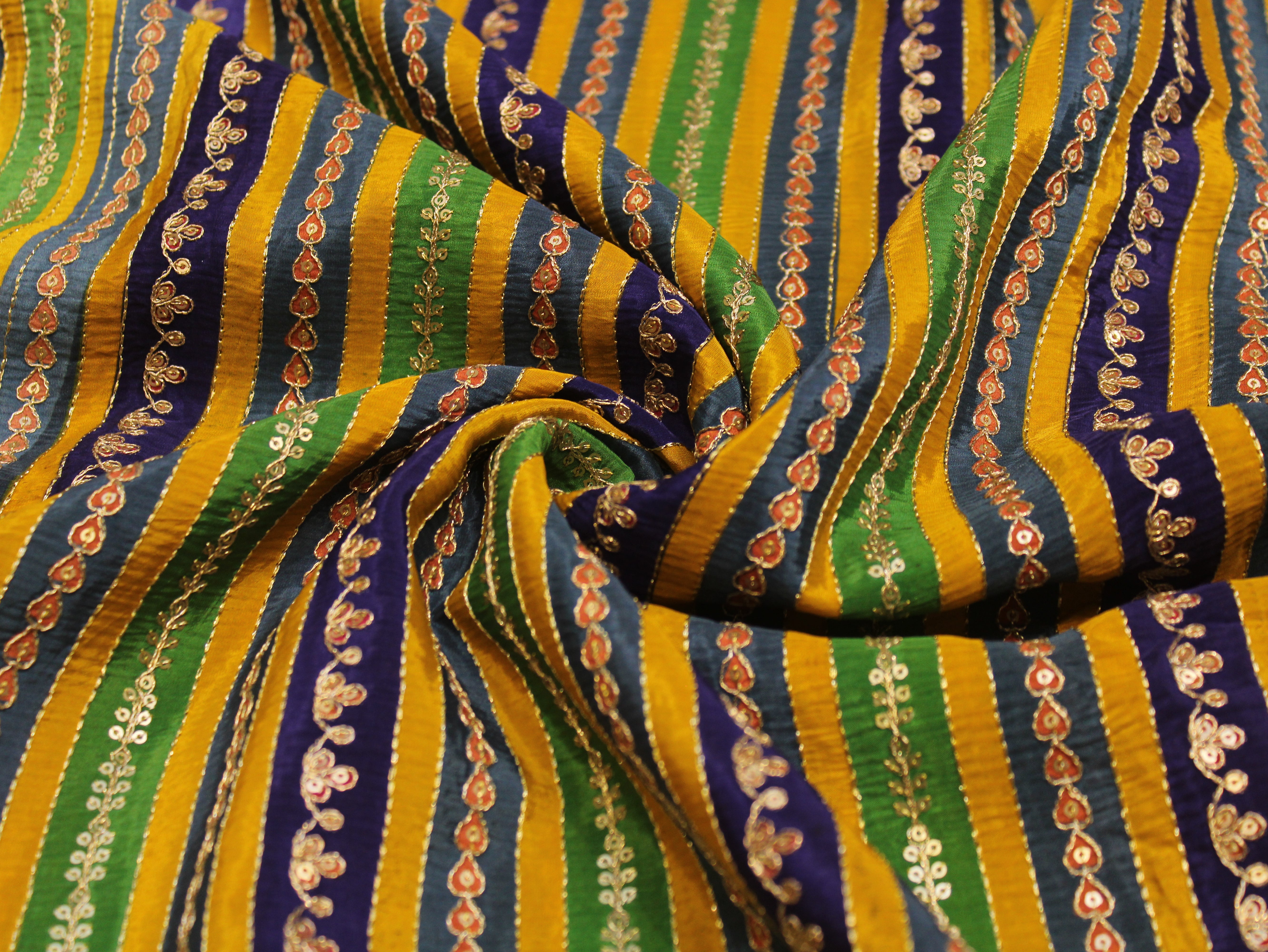 Natural Crepe fabric with Position & Cording Work - Green & Blue | Gold Zari Embroidery
