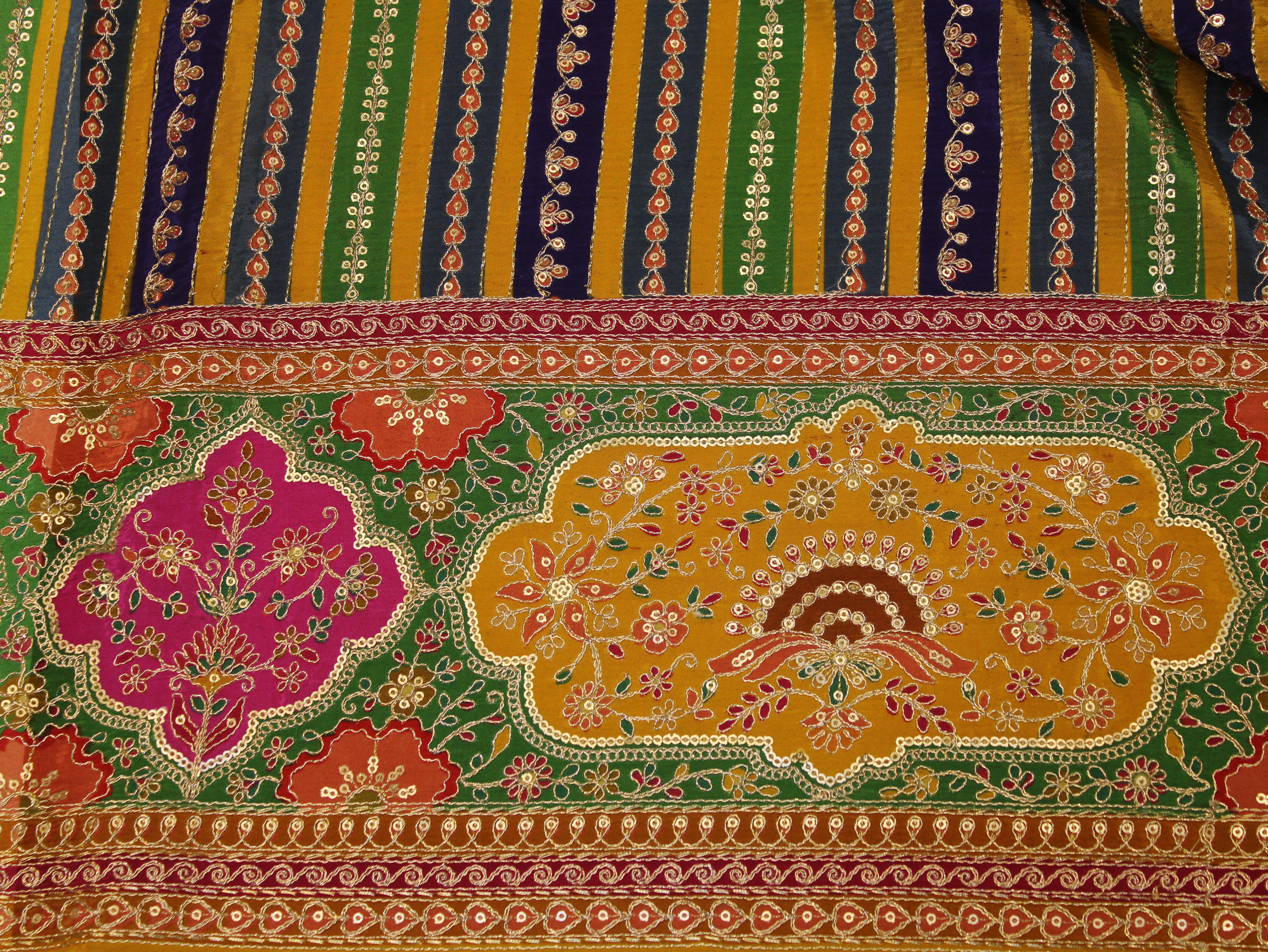 Natural Crepe fabric with Position & Cording Work - Green & Blue | Gold Zari Embroidery