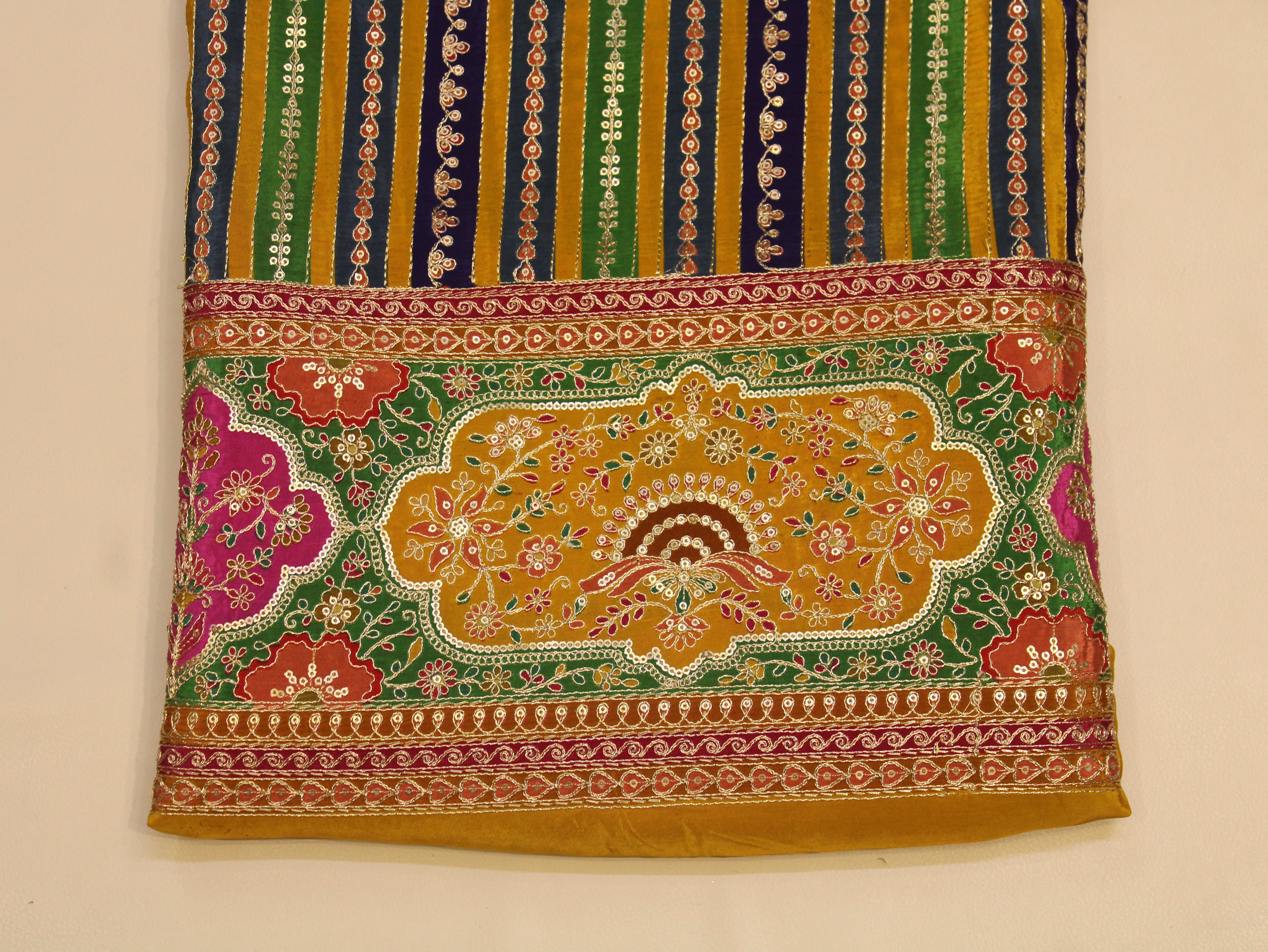 Natural Crepe fabric with Position & Cording Work - Green & Blue | Gold Zari Embroidery