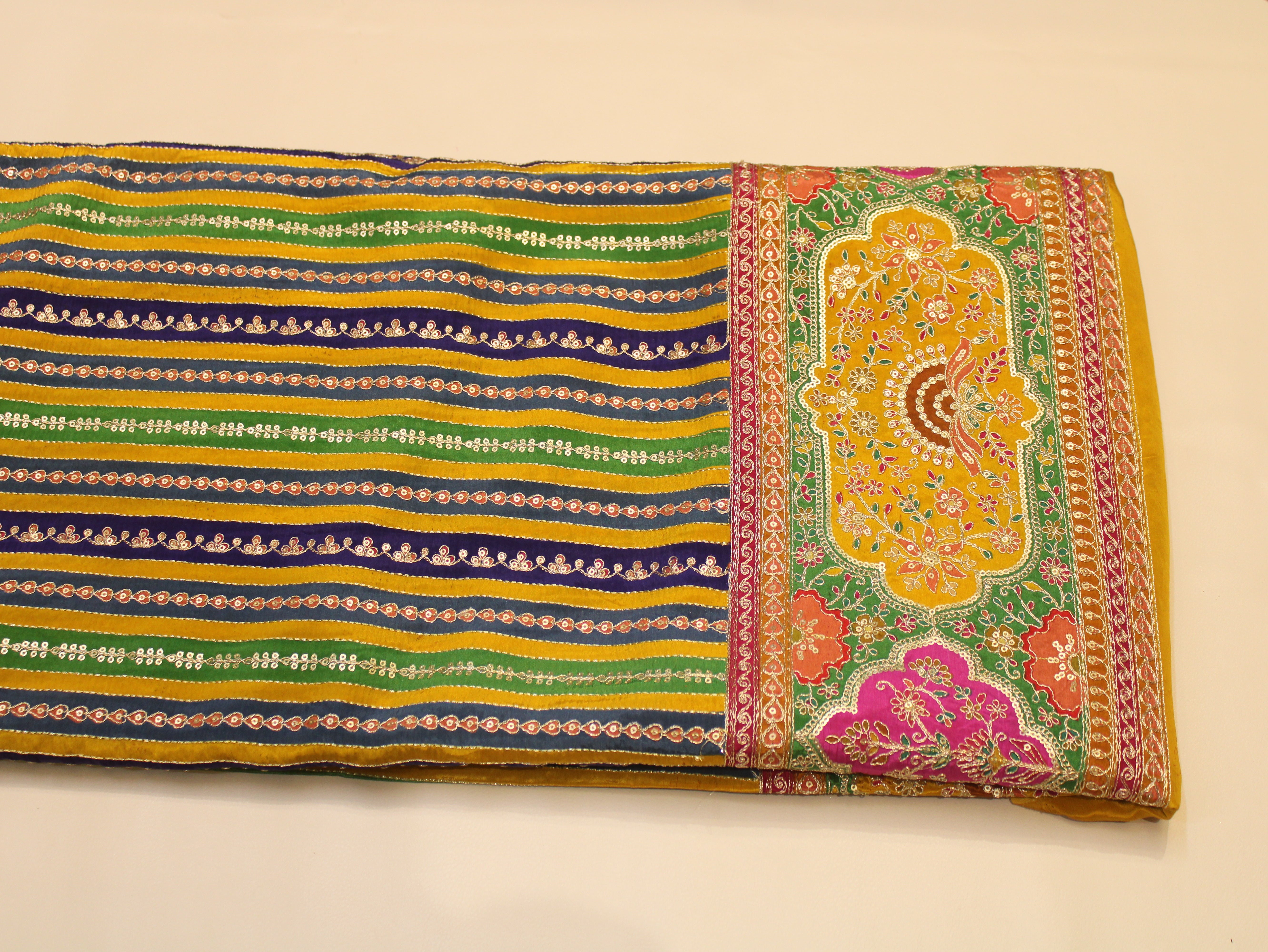 Natural Crepe fabric with Position & Cording Work - Green & Blue | Gold Zari Embroidery