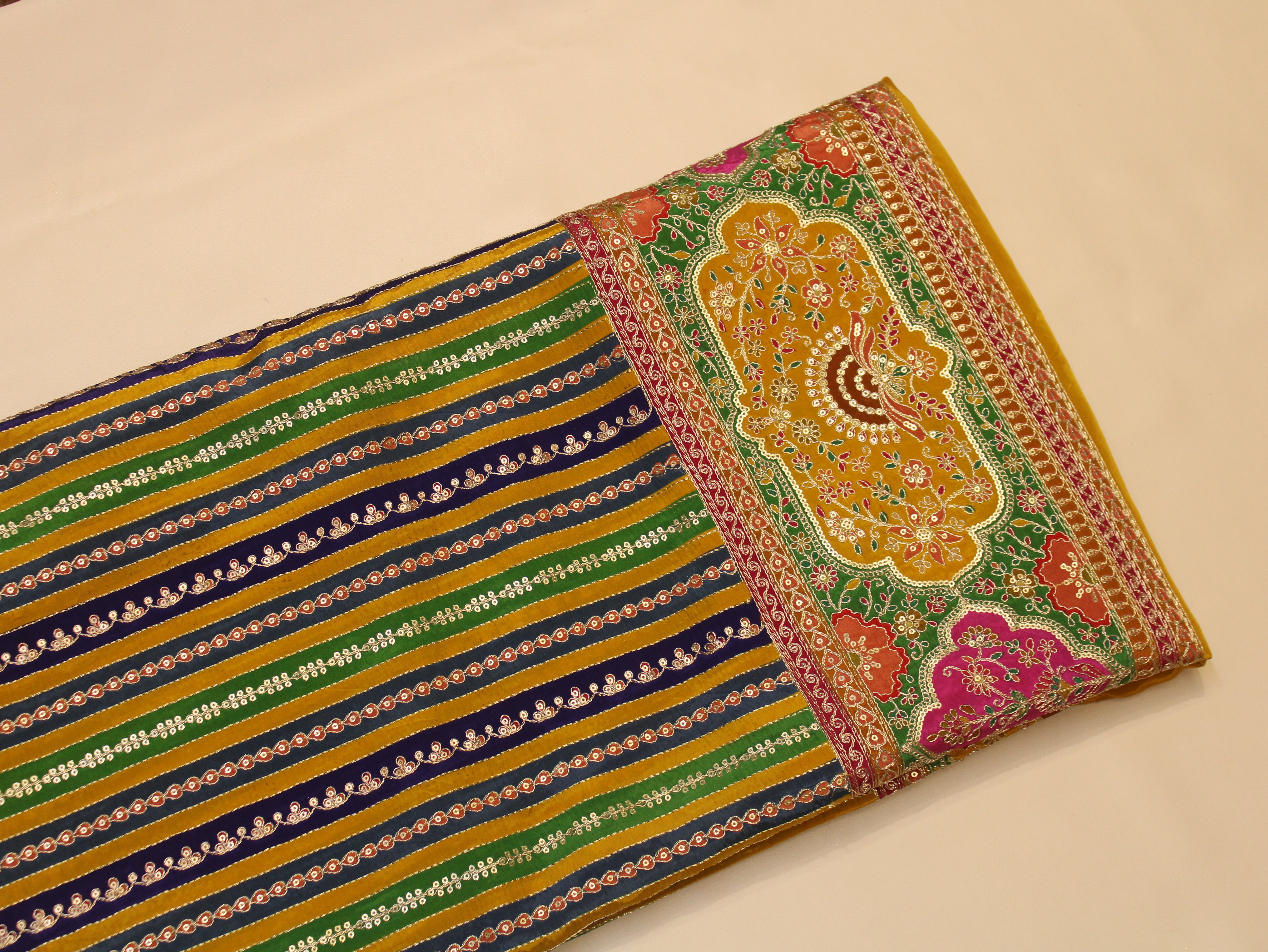 Natural Crepe fabric with Position & Cording Work - Green & Blue | Gold Zari Embroidery