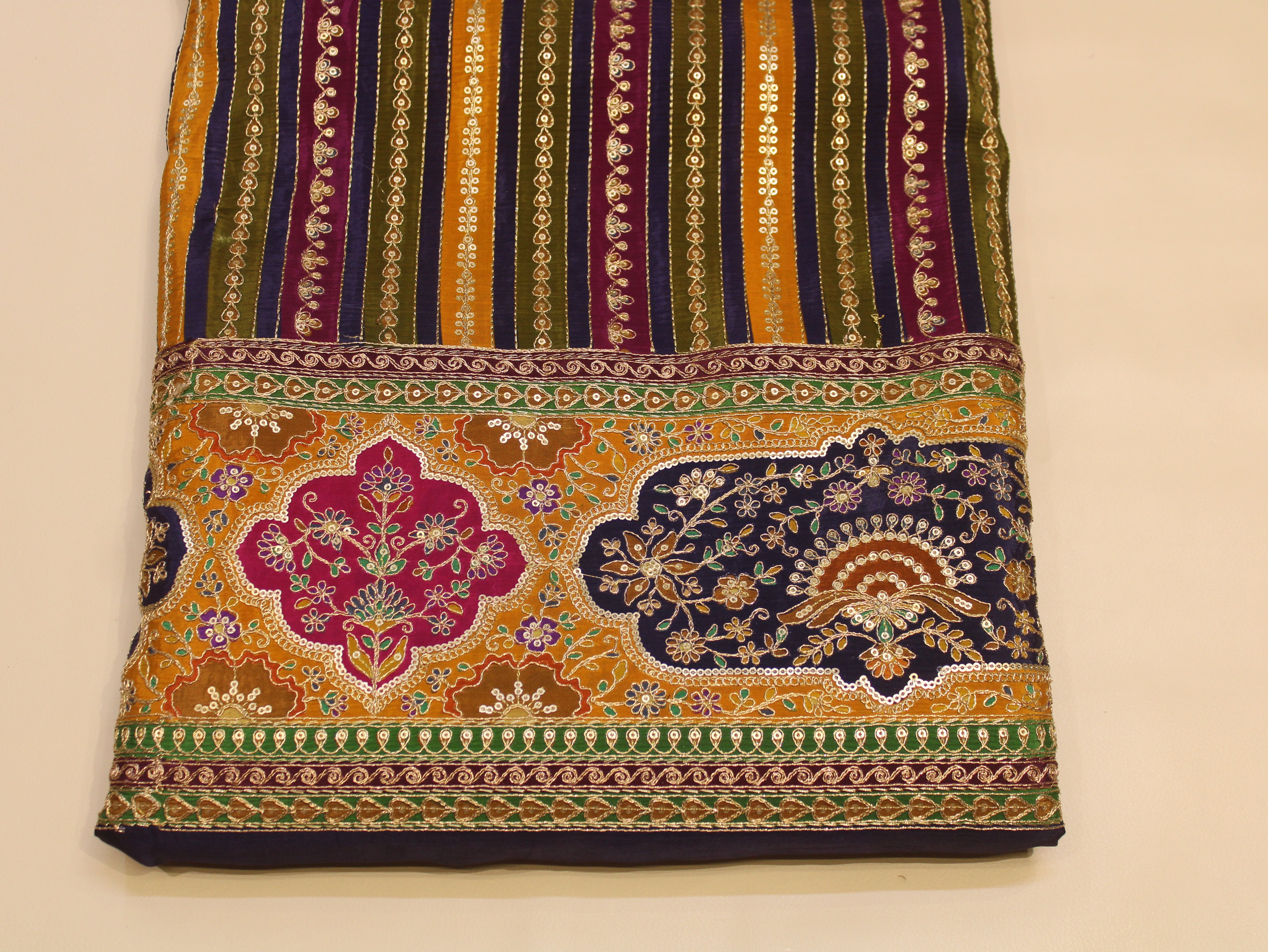 Natural Crepe fabric with Position & Cording Work - Magenta & Blue | Gold Zari Embroidery