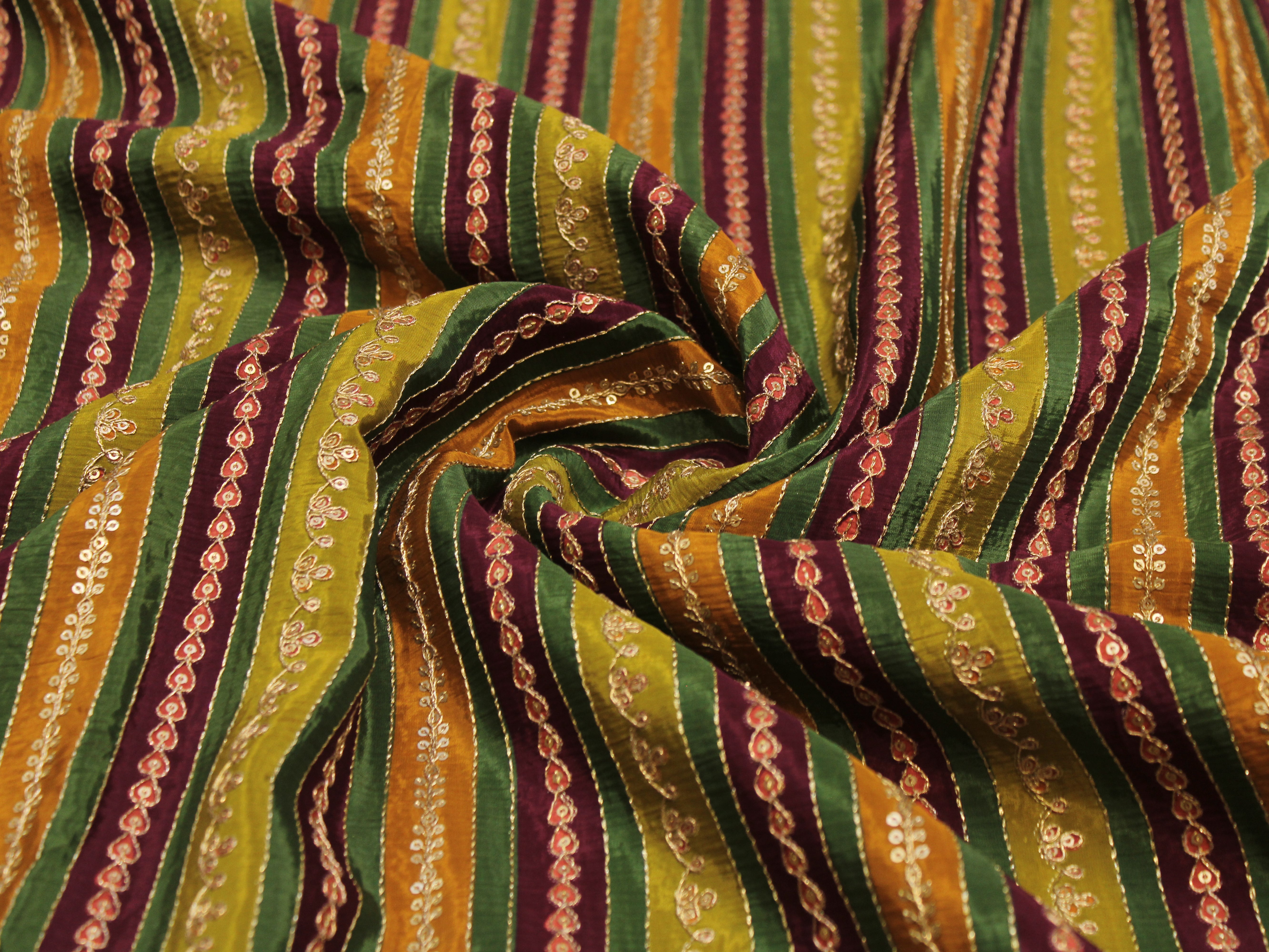 Natural Crepe fabric with Position & Cording Work - Wine & Green | Gold Zari Embroidery