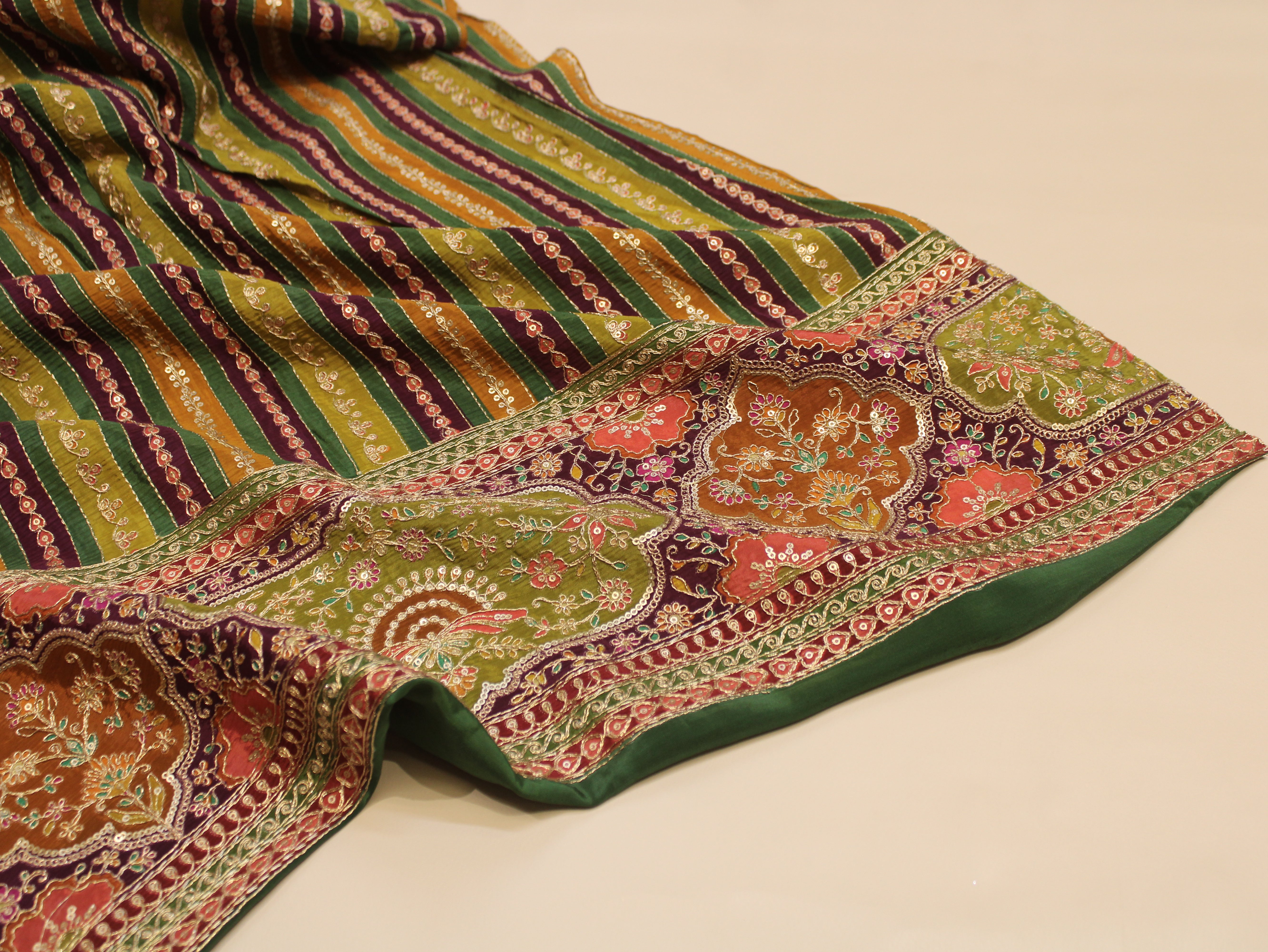 Natural Crepe fabric with Position & Cording Work - Wine & Green | Gold Zari Embroidery