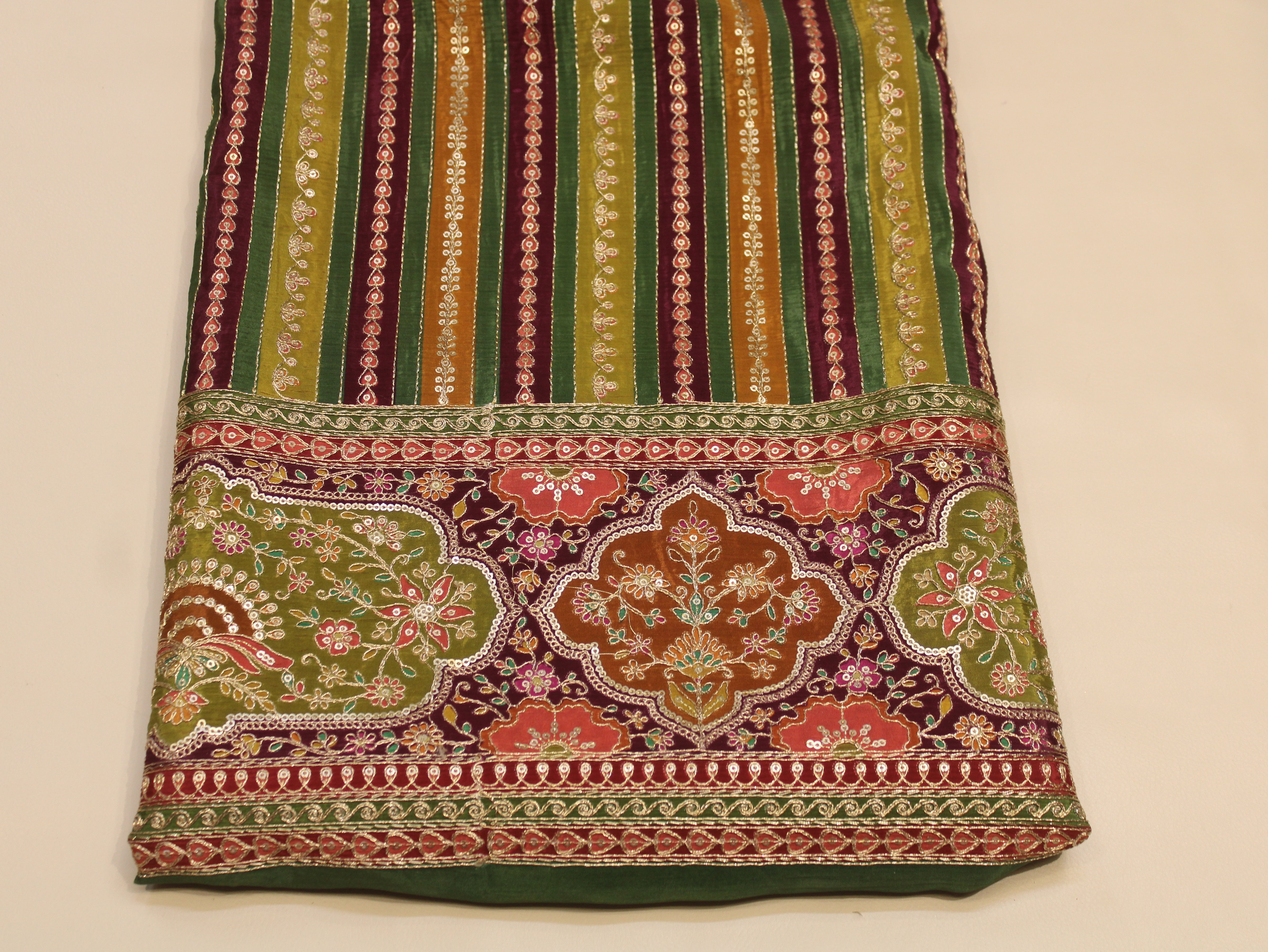Natural Crepe fabric with Position & Cording Work - Wine & Green | Gold Zari Embroidery