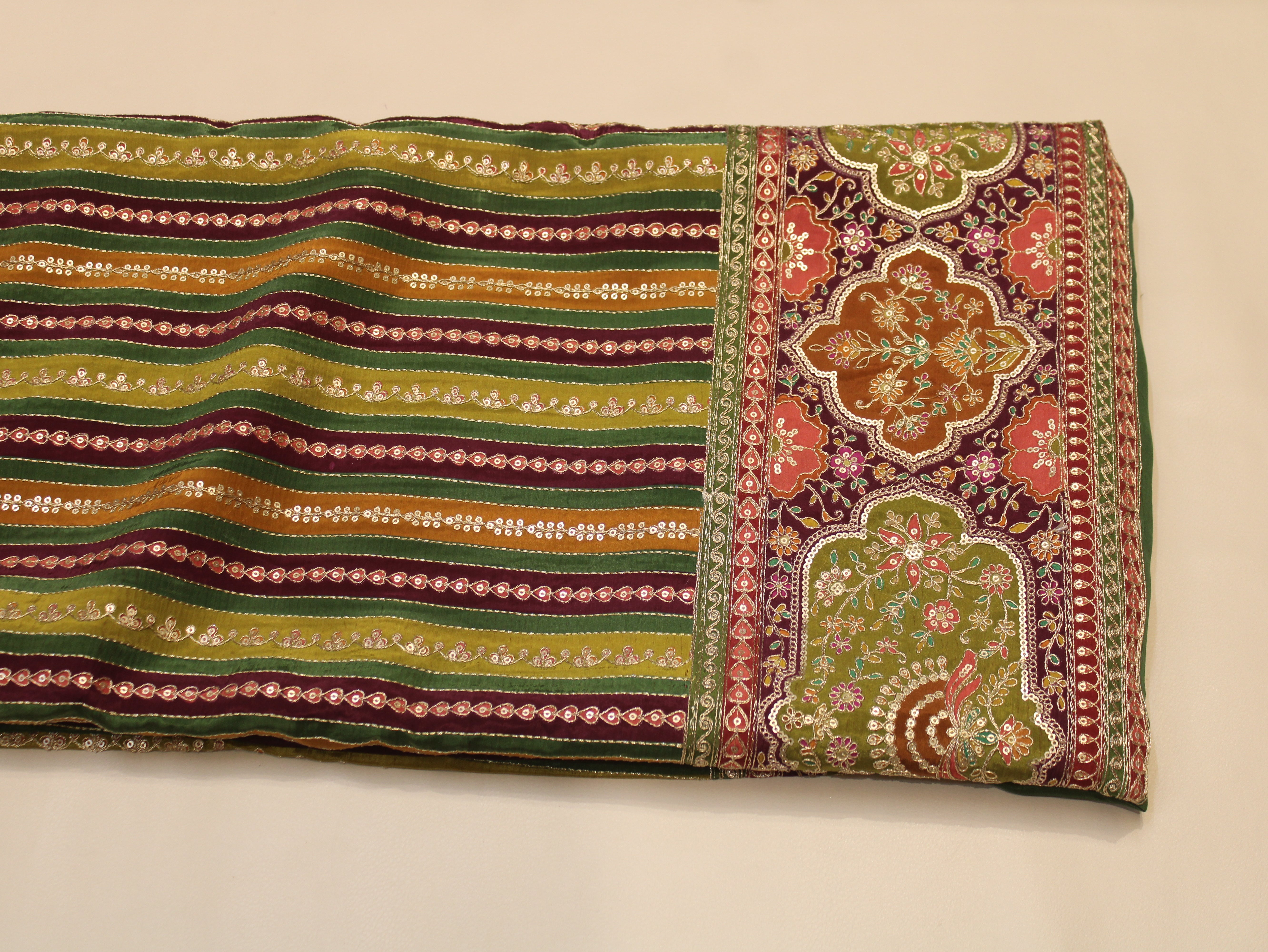 Natural Crepe fabric with Position & Cording Work - Wine & Green | Gold Zari Embroidery