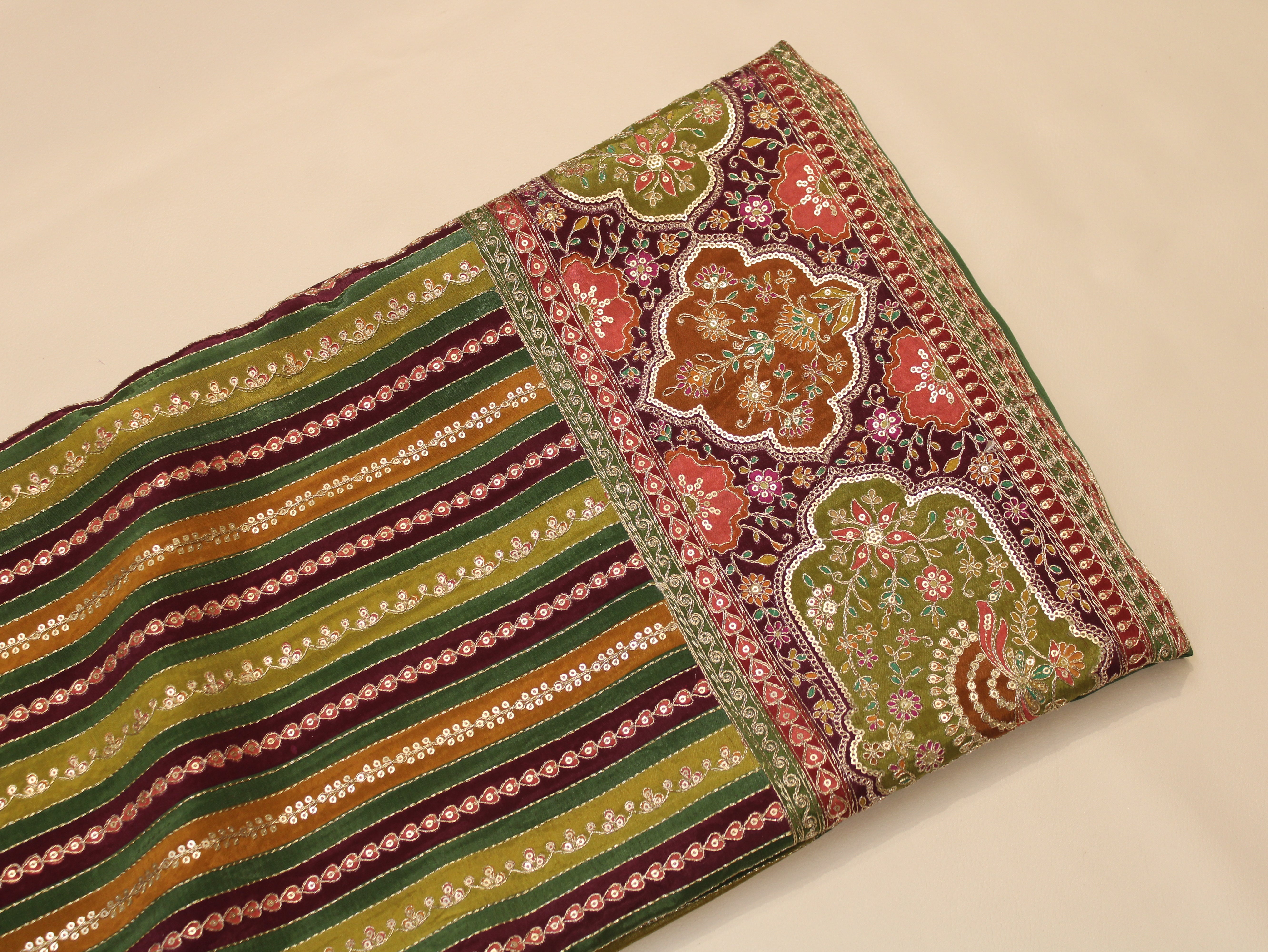 Natural Crepe fabric with Position & Cording Work - Wine & Green | Gold Zari Embroidery