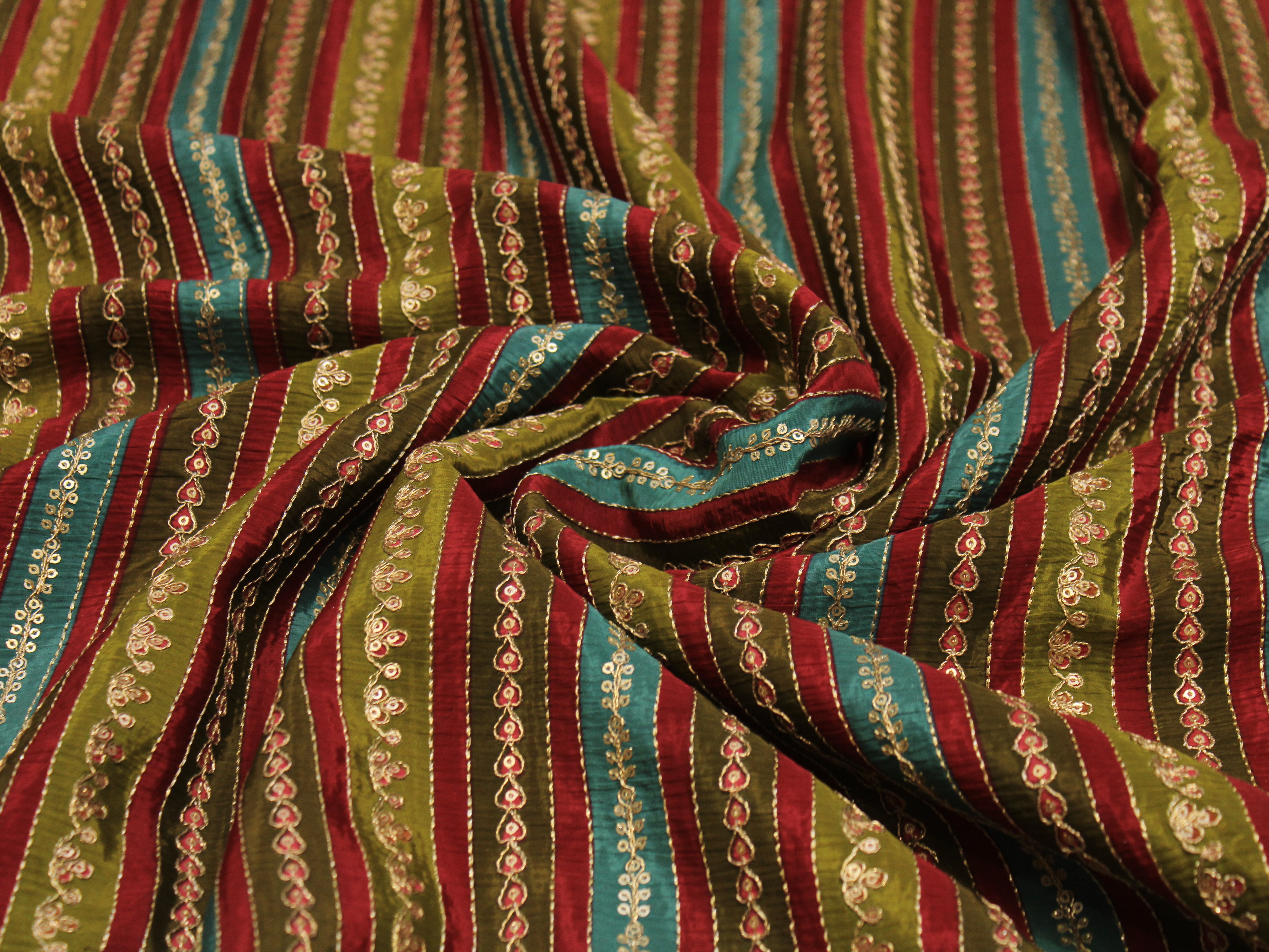 Natural Crepe fabric with Position & Cording Work - Maroon & Green | Gold Zari Embroidery