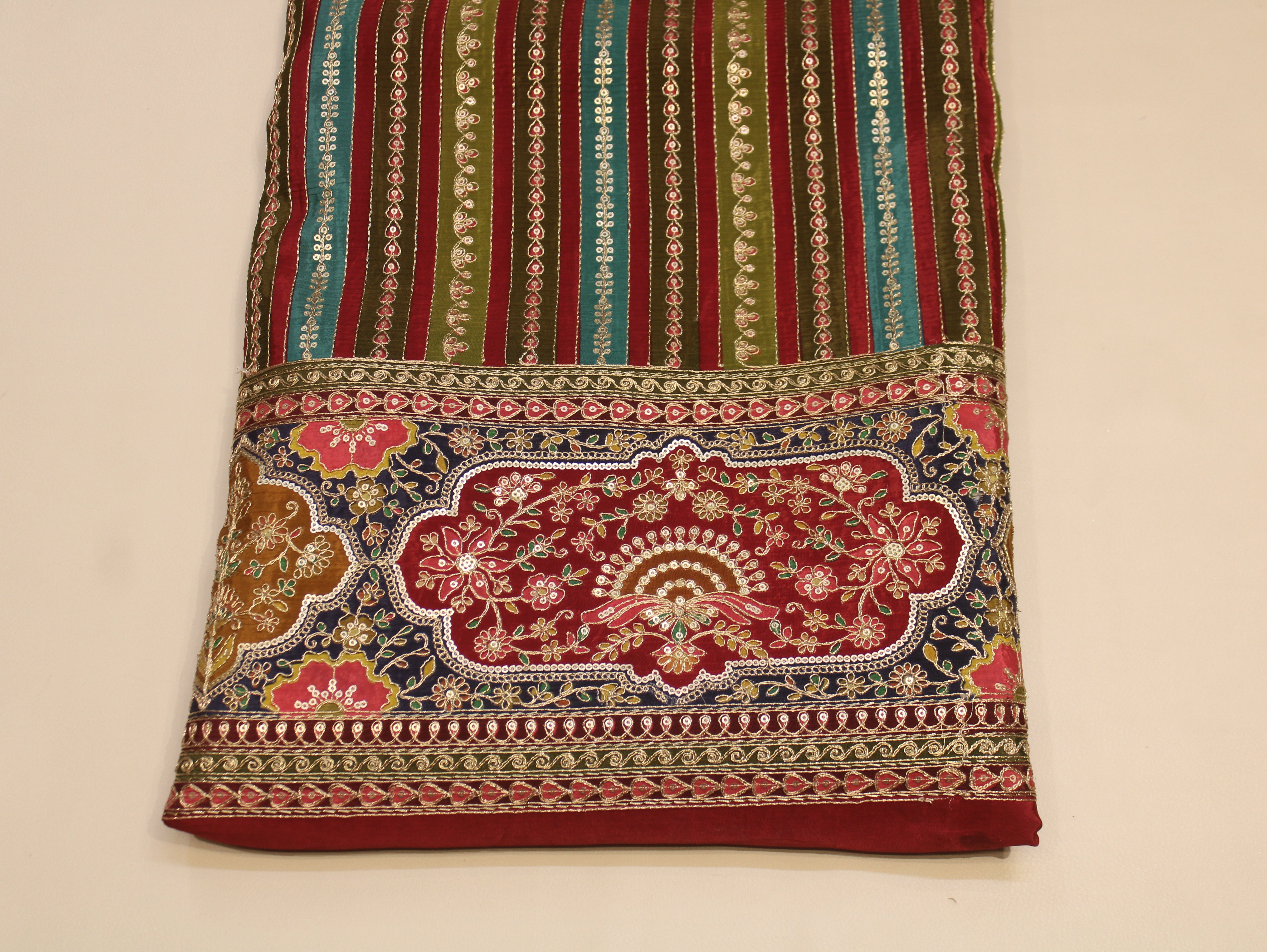 Natural Crepe fabric with Position & Cording Work - Maroon & Green | Gold Zari Embroidery