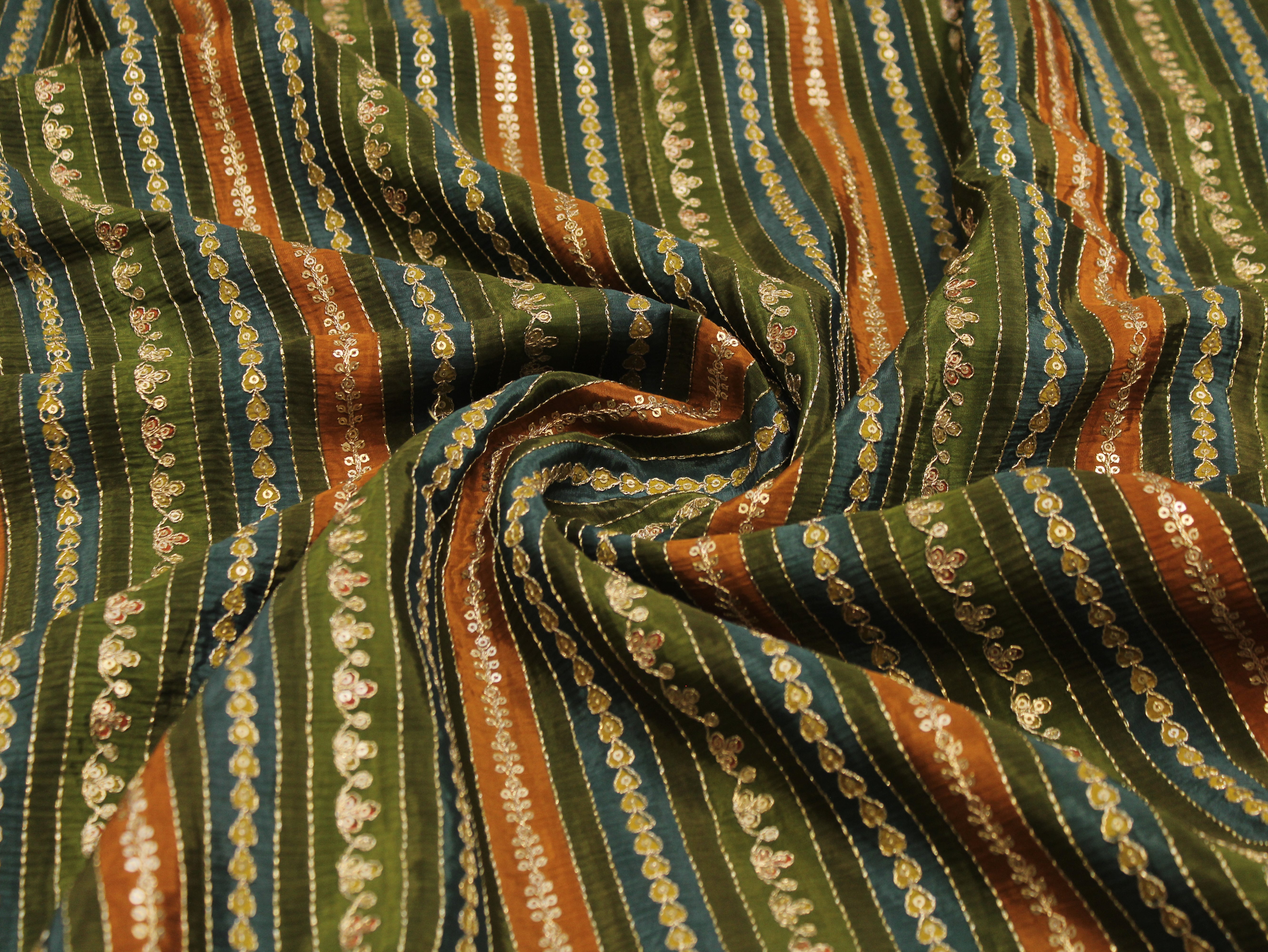 Natural Crepe fabric with Position & Cording Work - Green & Yellow | Gold Zari Embroidery