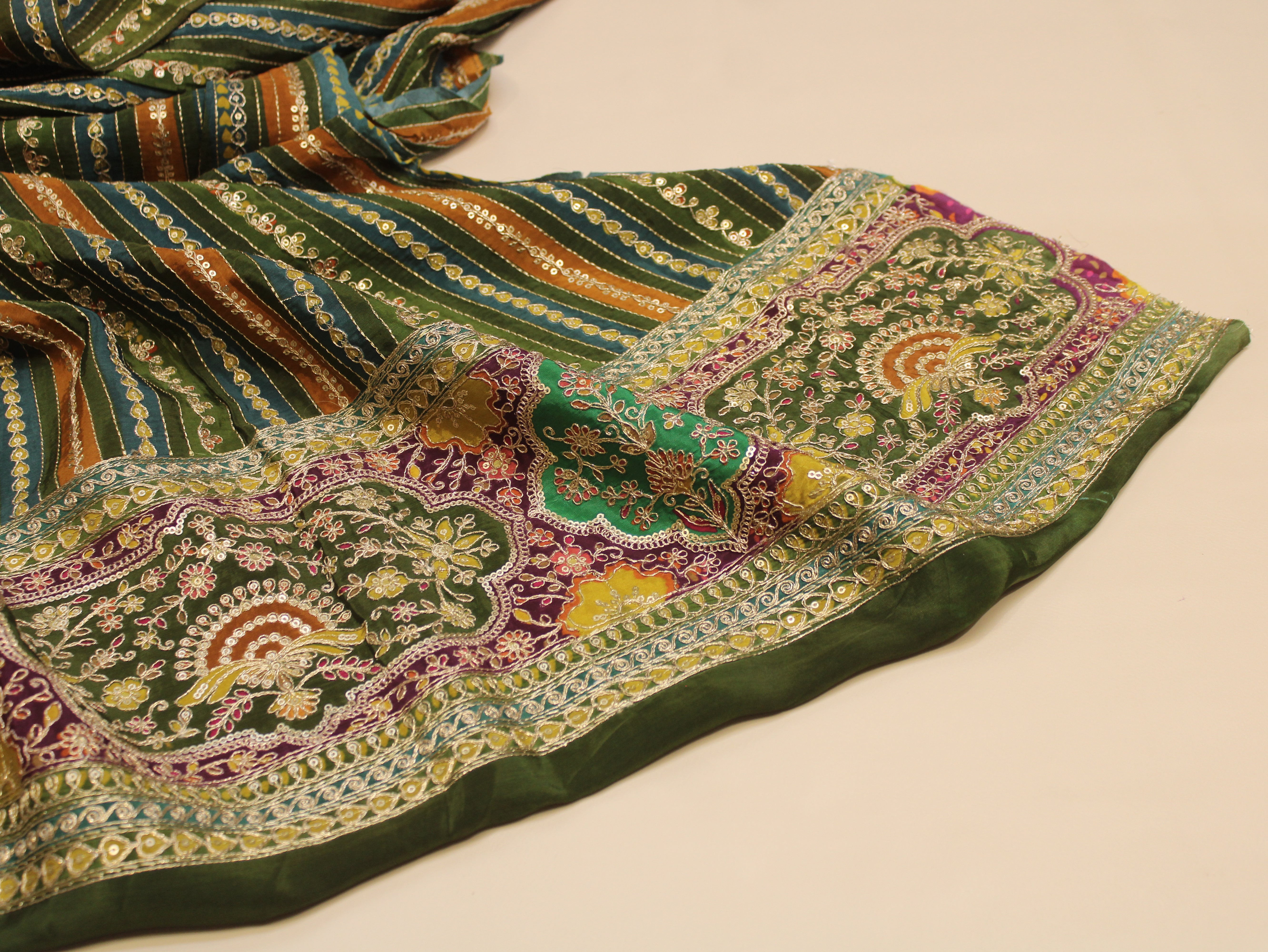 Natural Crepe fabric with Position & Cording Work - Green & Yellow | Gold Zari Embroidery