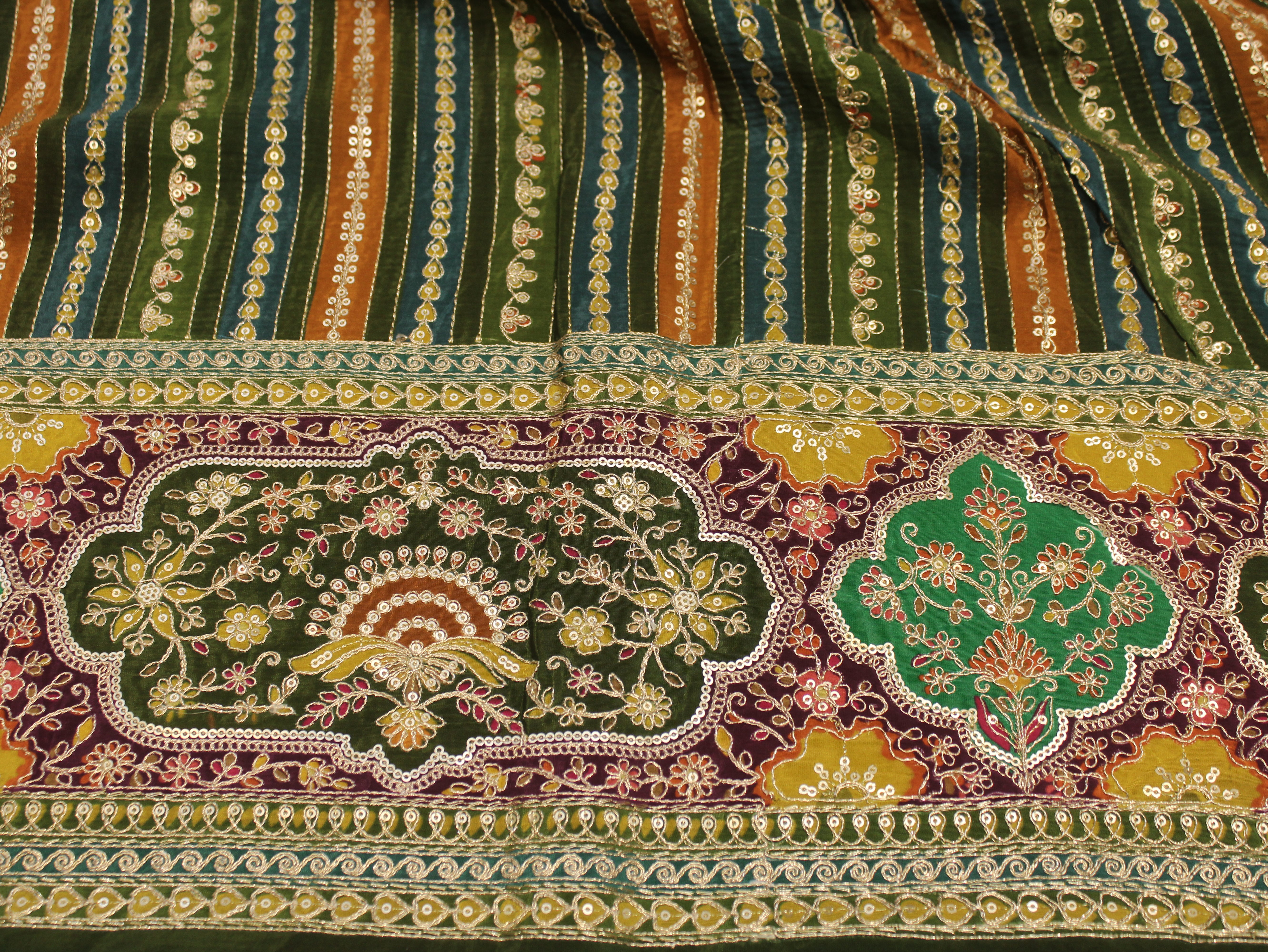 Natural Crepe fabric with Position & Cording Work - Green & Yellow | Gold Zari Embroidery