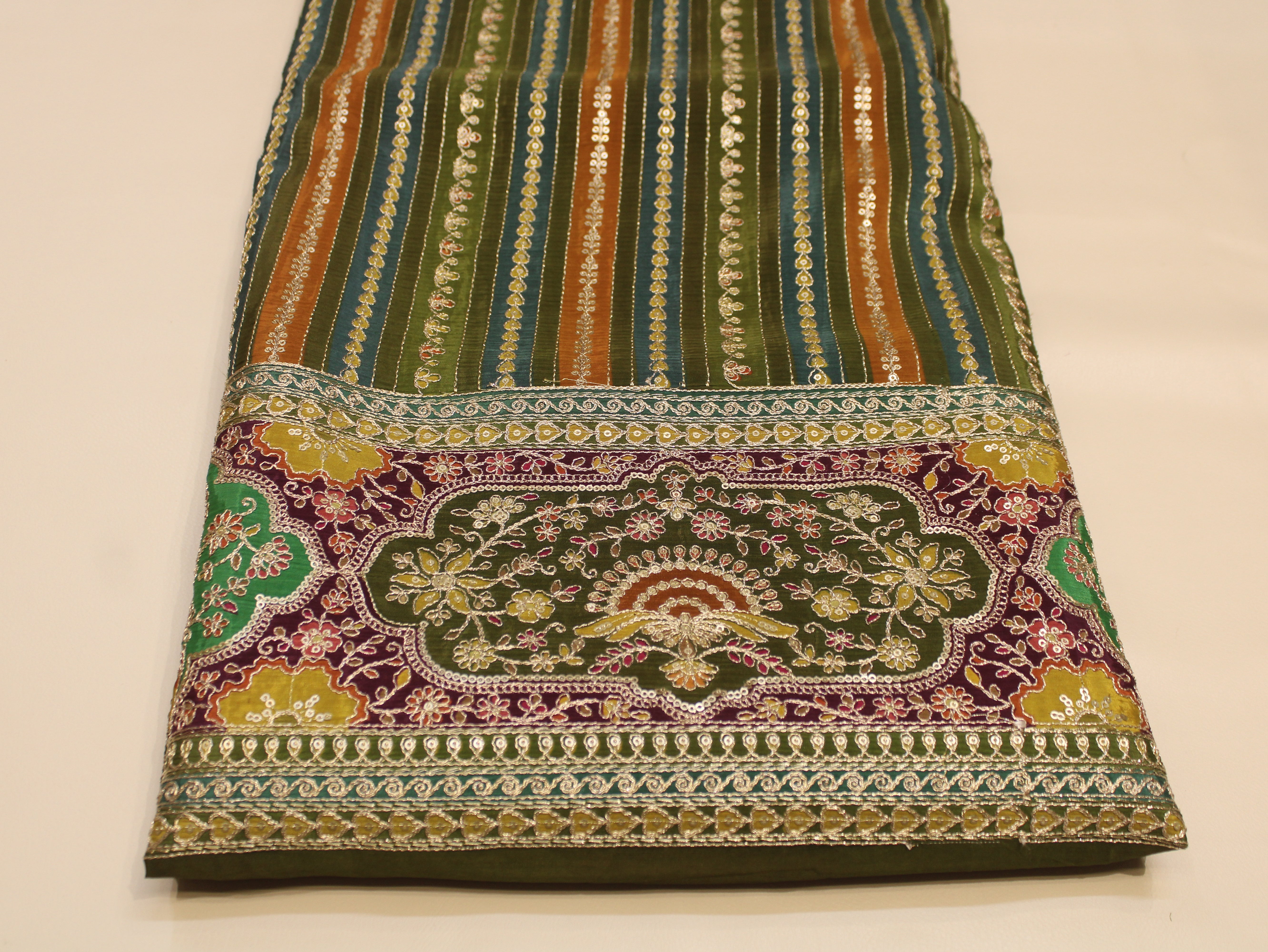 Natural Crepe fabric with Position & Cording Work - Green & Yellow | Gold Zari Embroidery