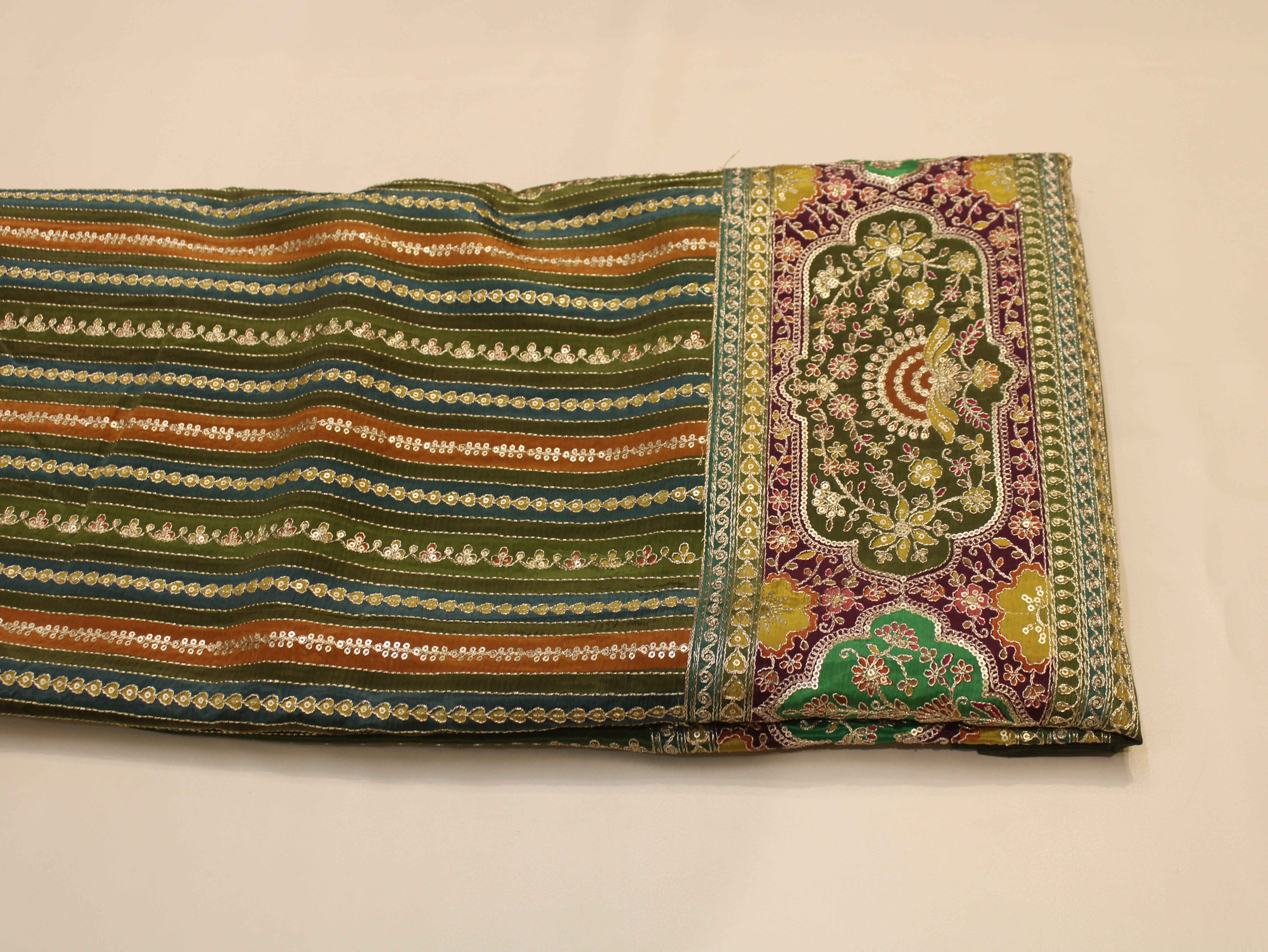 Natural Crepe fabric with Position & Cording Work - Green & Yellow | Gold Zari Embroidery