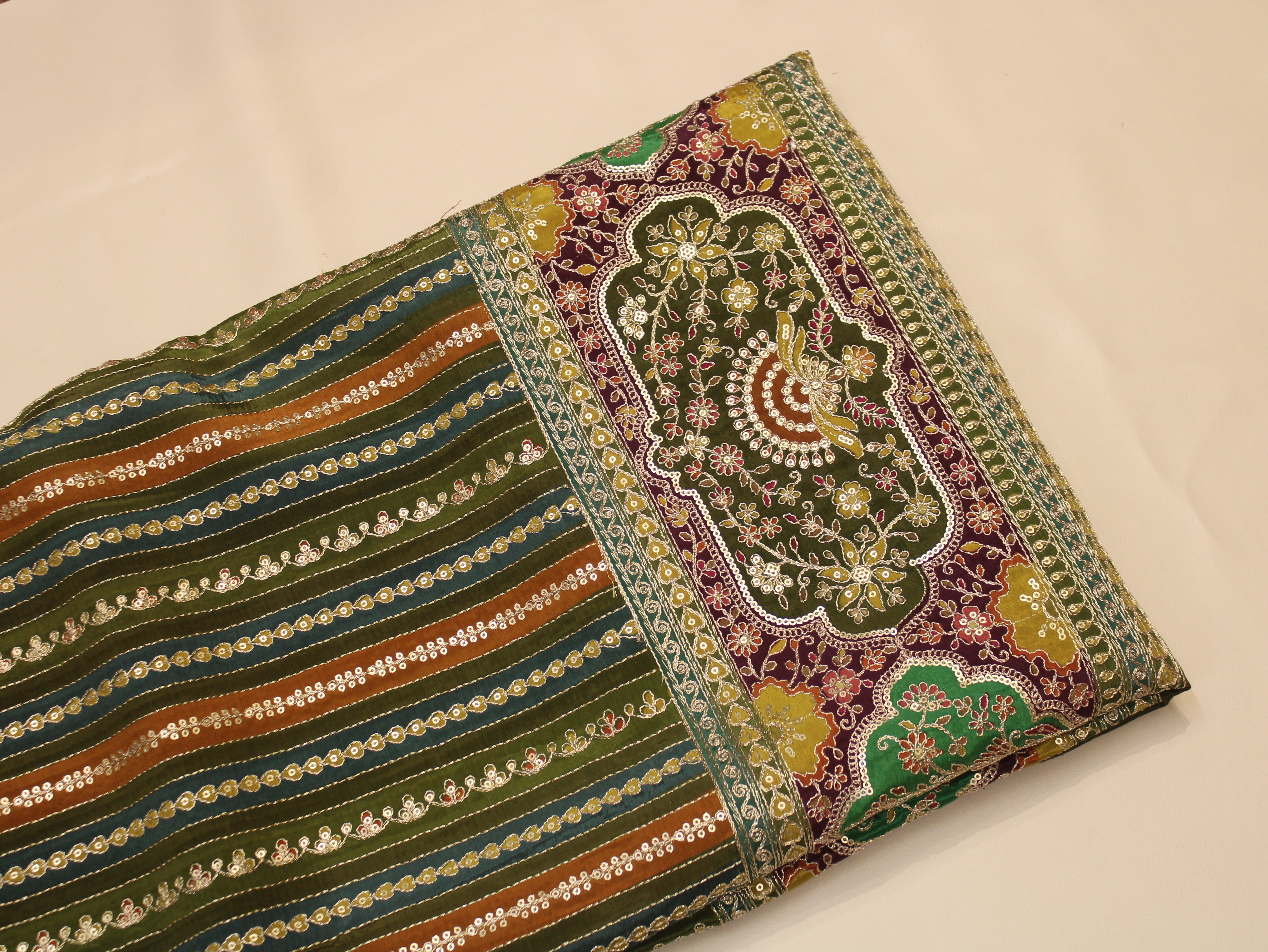 Natural Crepe fabric with Position & Cording Work - Green & Yellow | Gold Zari Embroidery